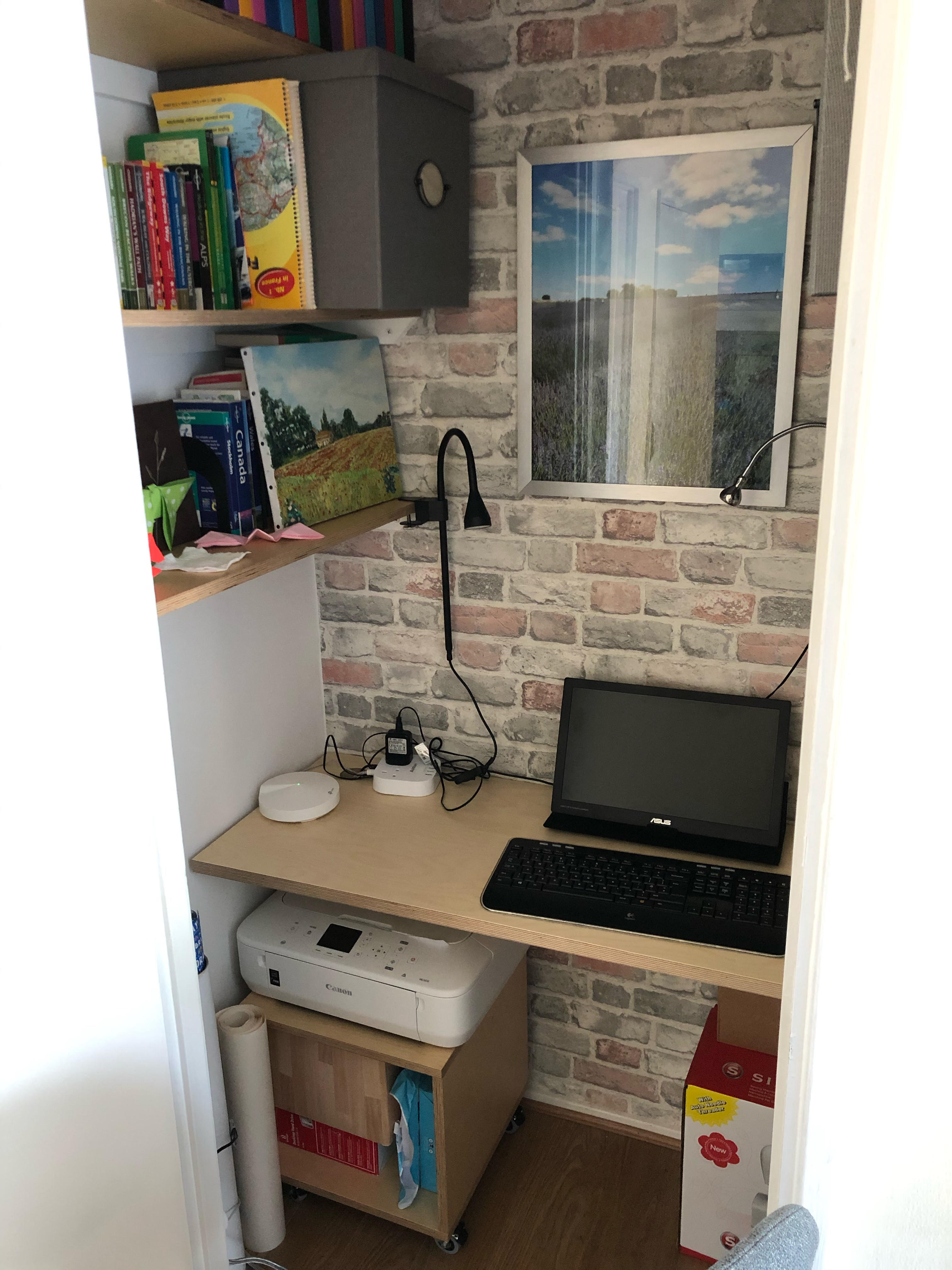 Custom Plywood Desk with Custom Plywood Storage and Custom Shelves