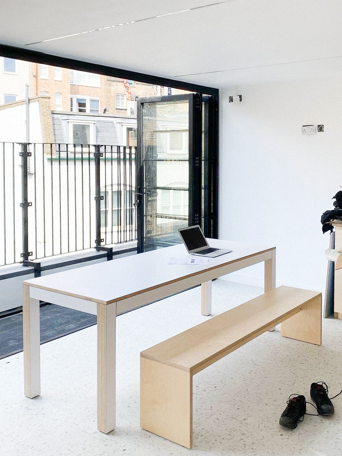 Custom Plywood Table with Solid Frame and Custom Plywood Bench Seat
