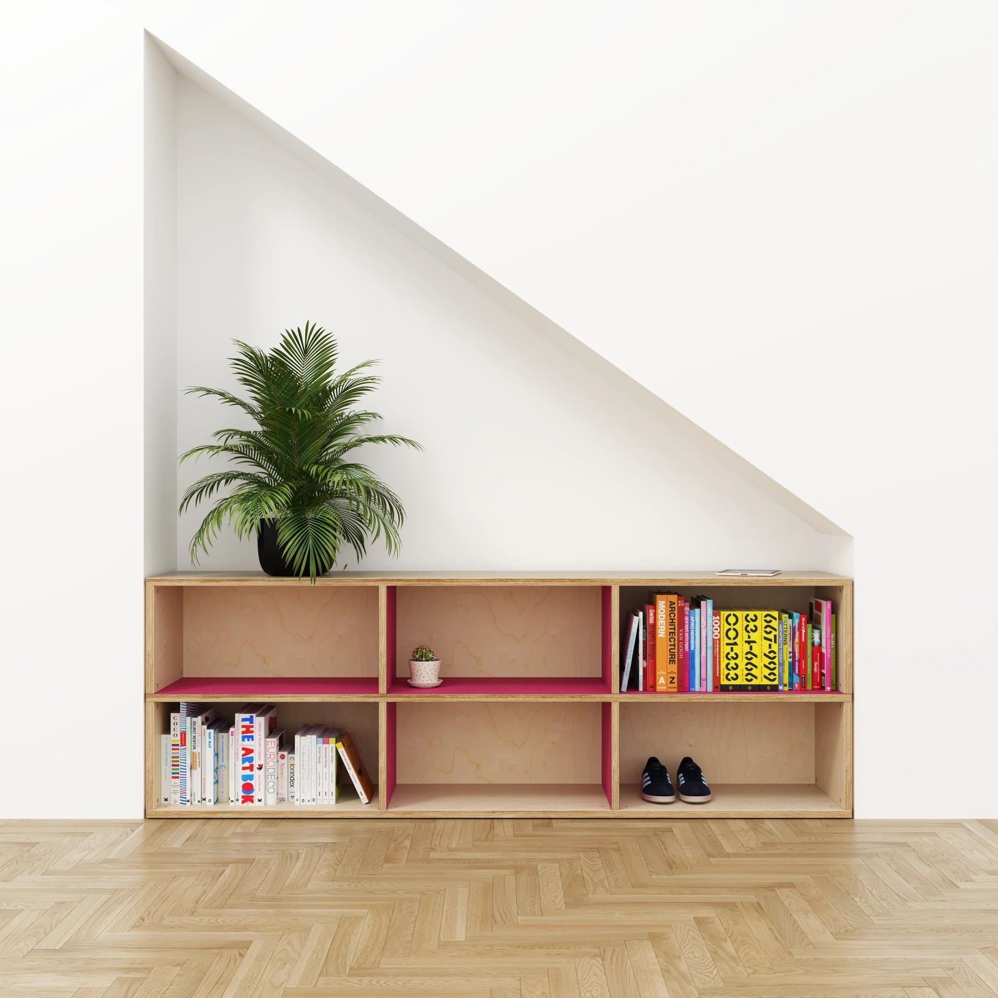 pink open kitchen shelves