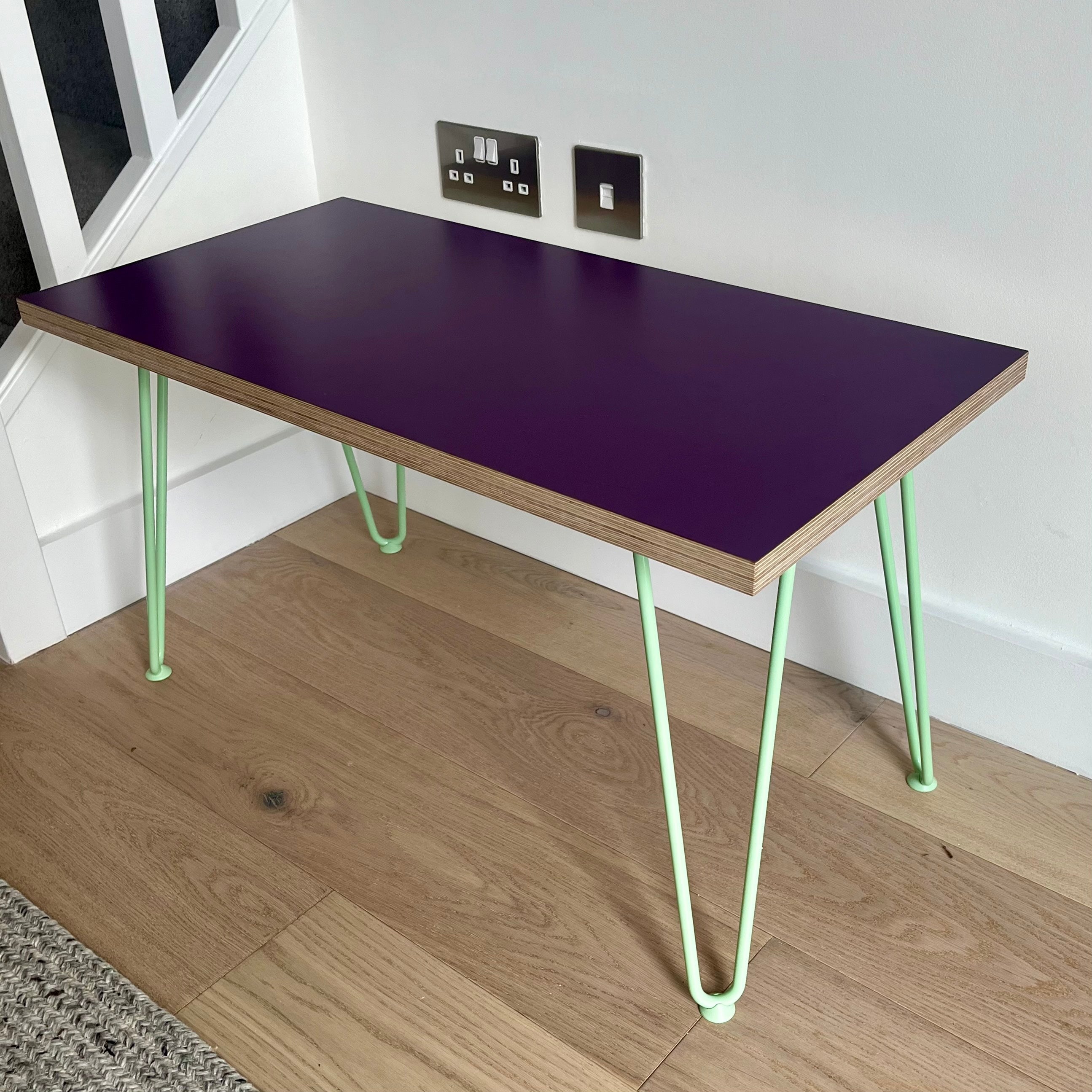 custom plywood purple table hairpin legs