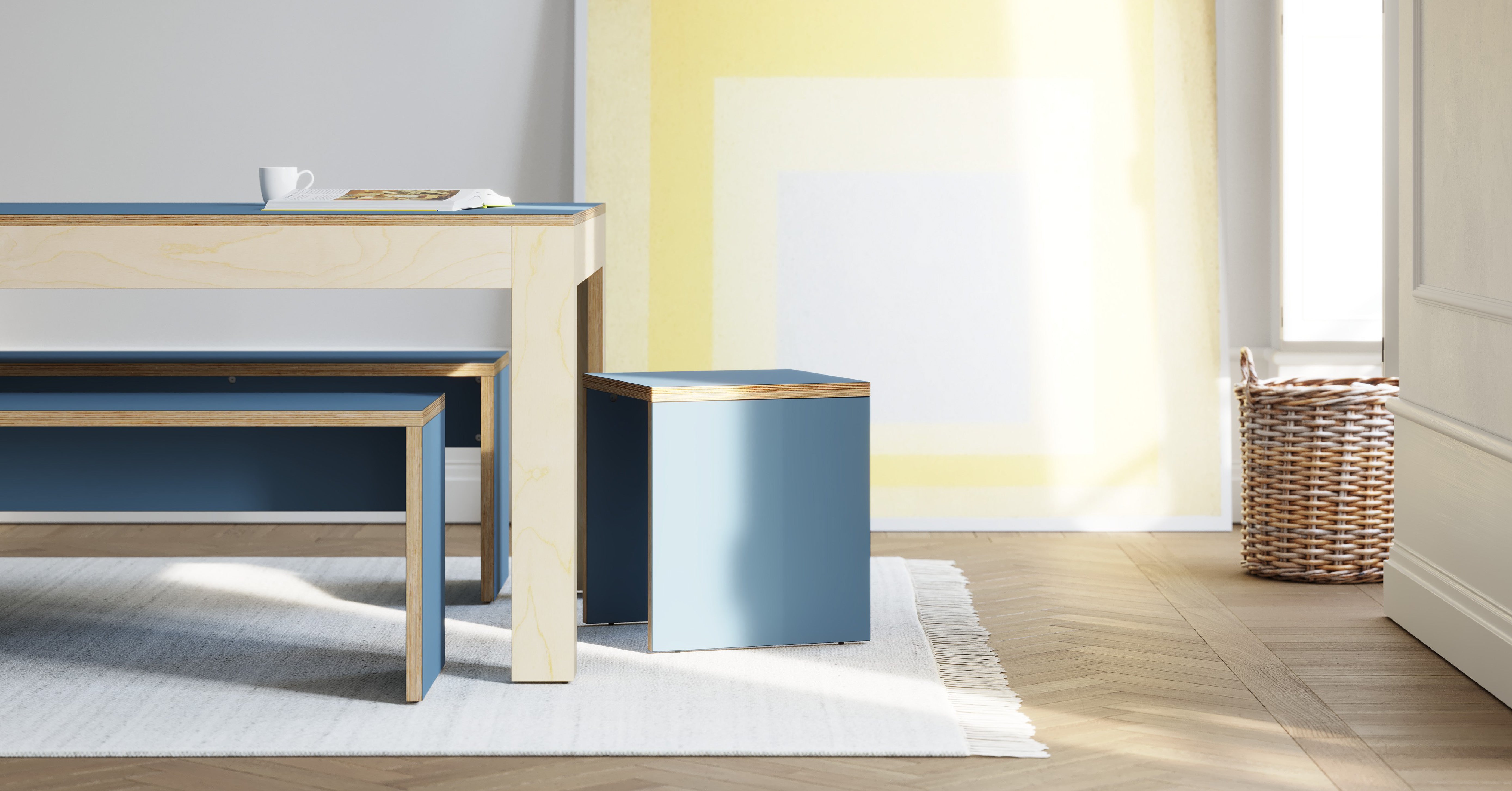 blue plywood dining table