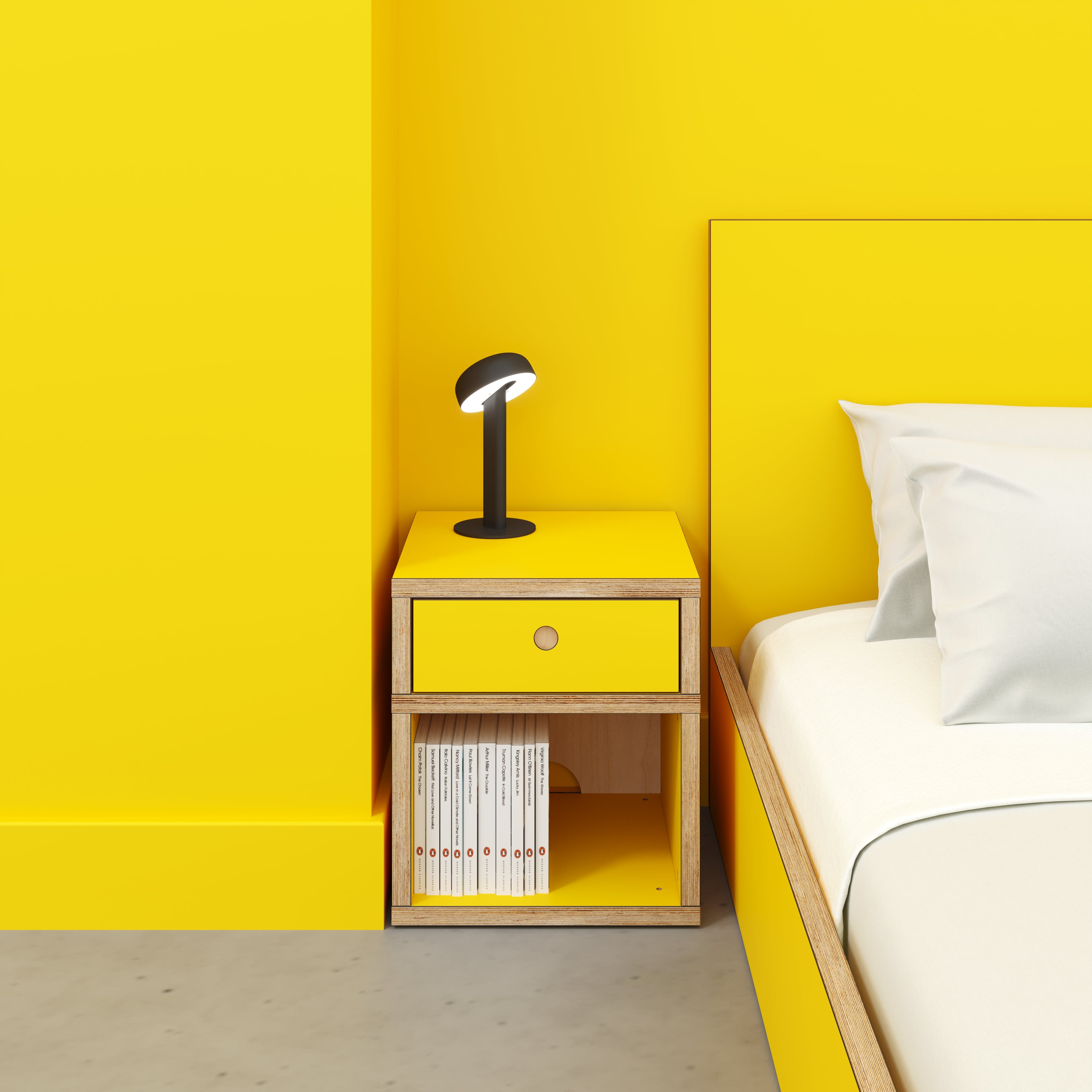 Plywood Bedside Table - Type 1 - with Drawer - Formica Chrome Yellow - 400(w) x 400(d) x 450(h)
