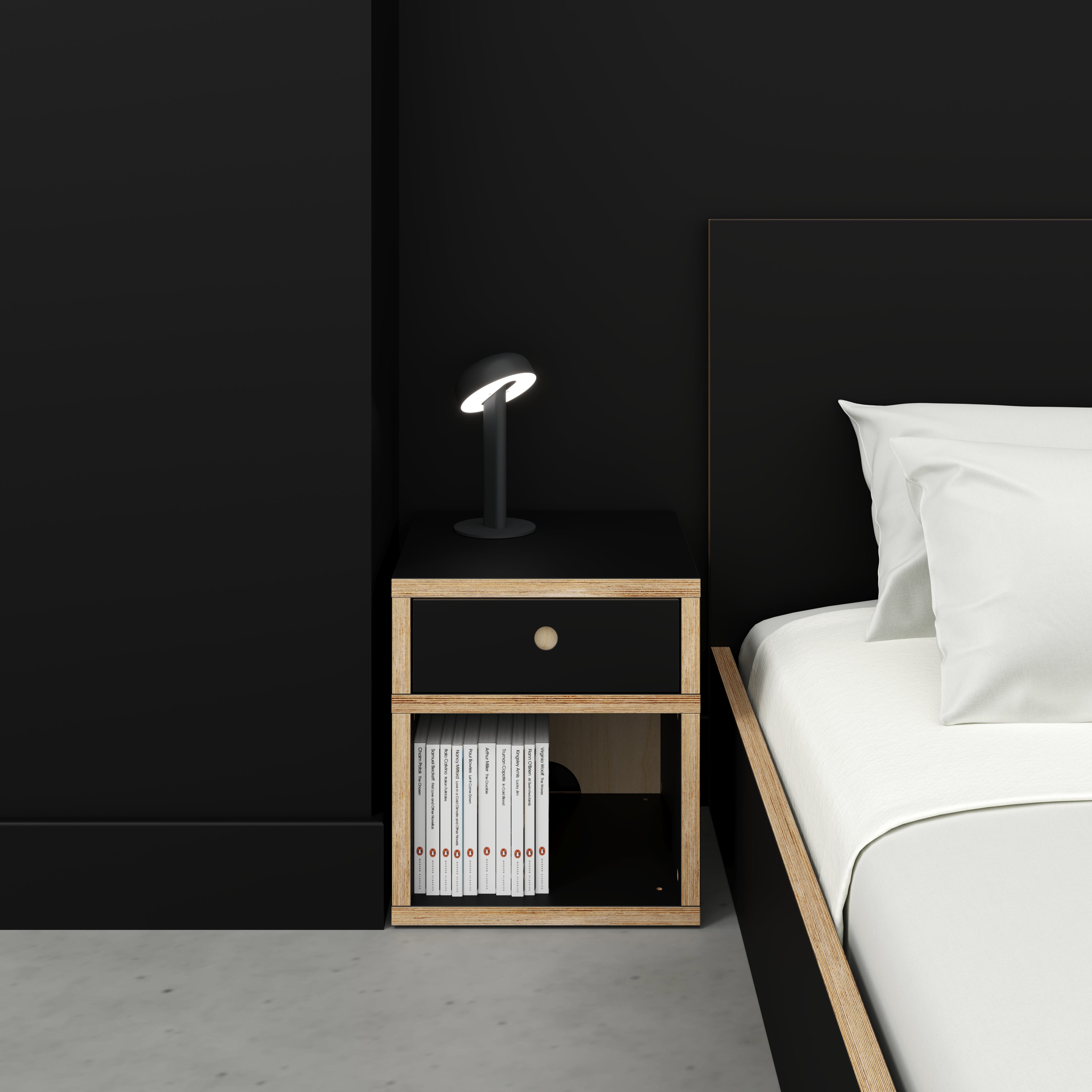 Plywood Bedside Table - Type 1 - with Drawer - Formica Diamond Black - 400(w) x 400(d) x 450(h)