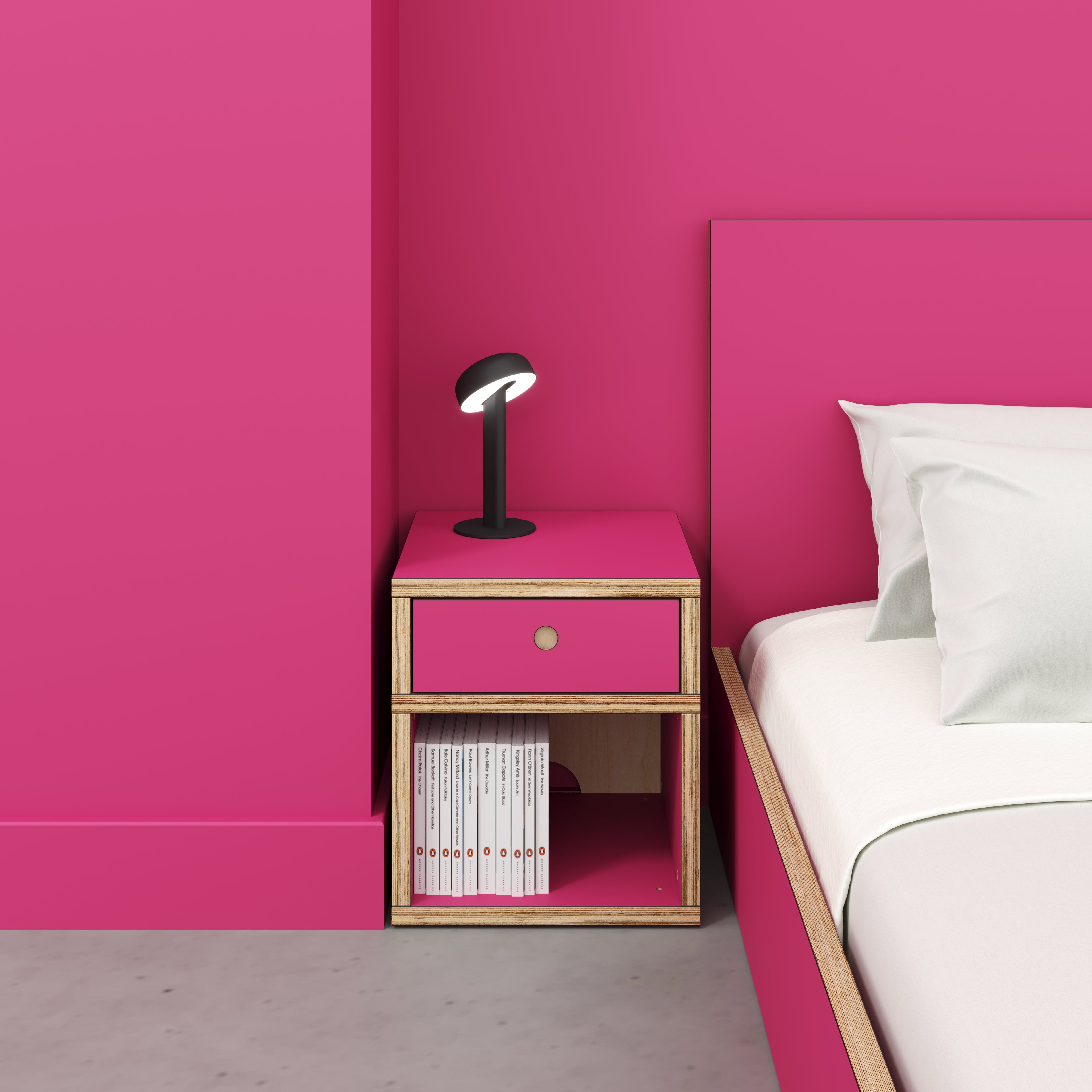 Plywood Bedside Table - Type 1 - with Drawer - Formica Juicy Pink - 400(w) x 400(d) x 450(h)