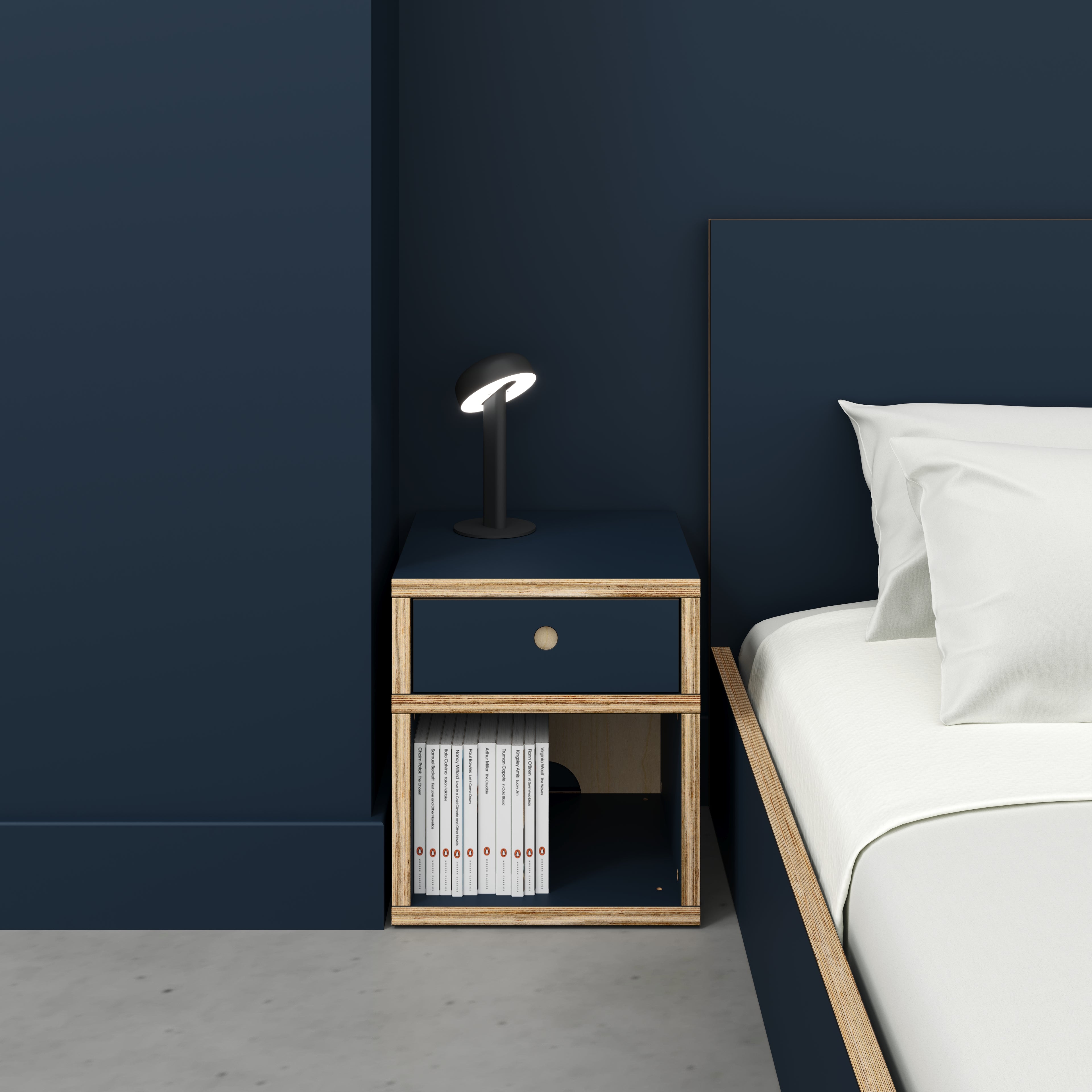Plywood Bedside Table - Type 1 - with Drawer - Formica Night Sea Blue - 400(w) x 400(d) x 450(h)