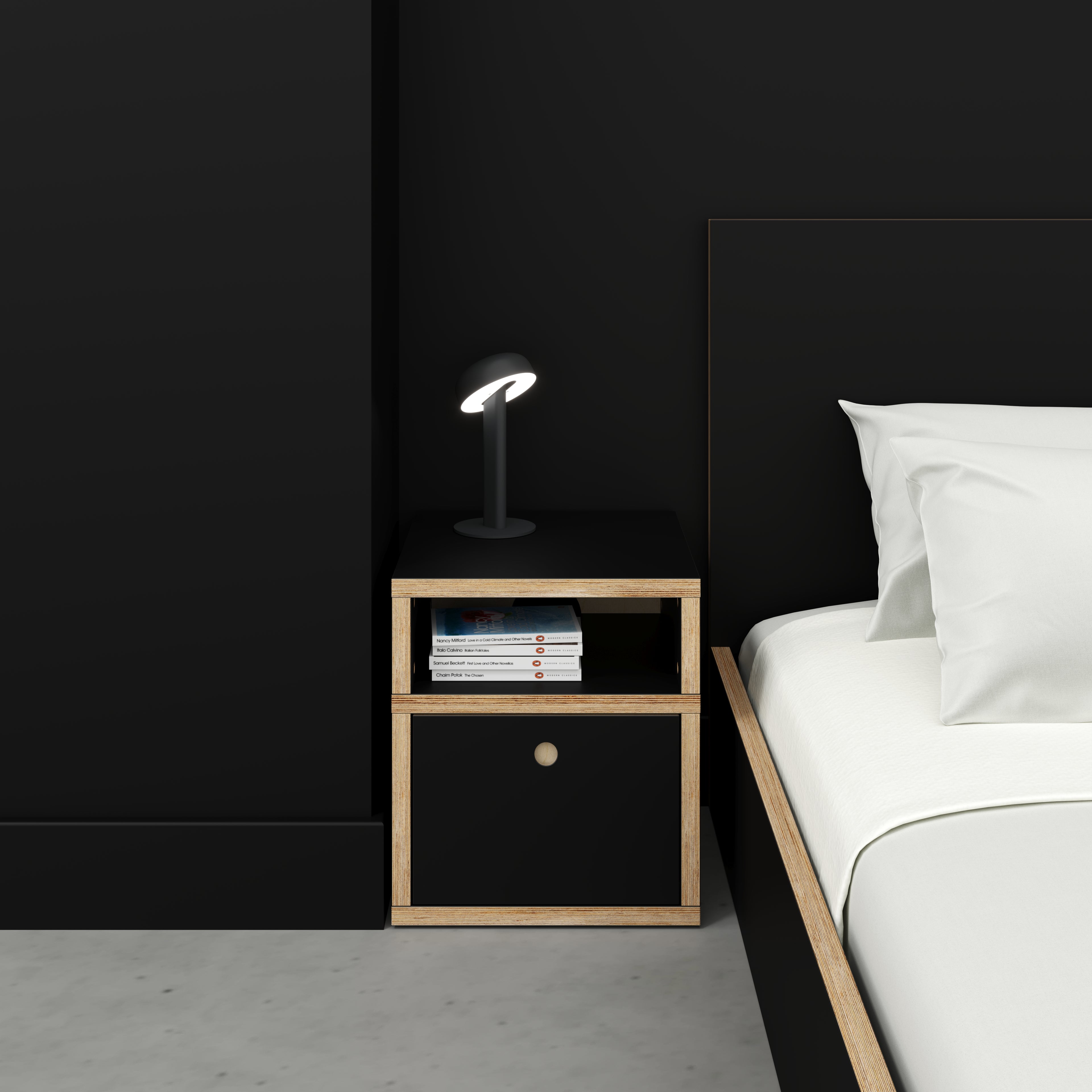 Plywood Bedside Table - Type 2 - with Drawer - Formica Diamond Black - 400(w) x 400(d) x 450(h)