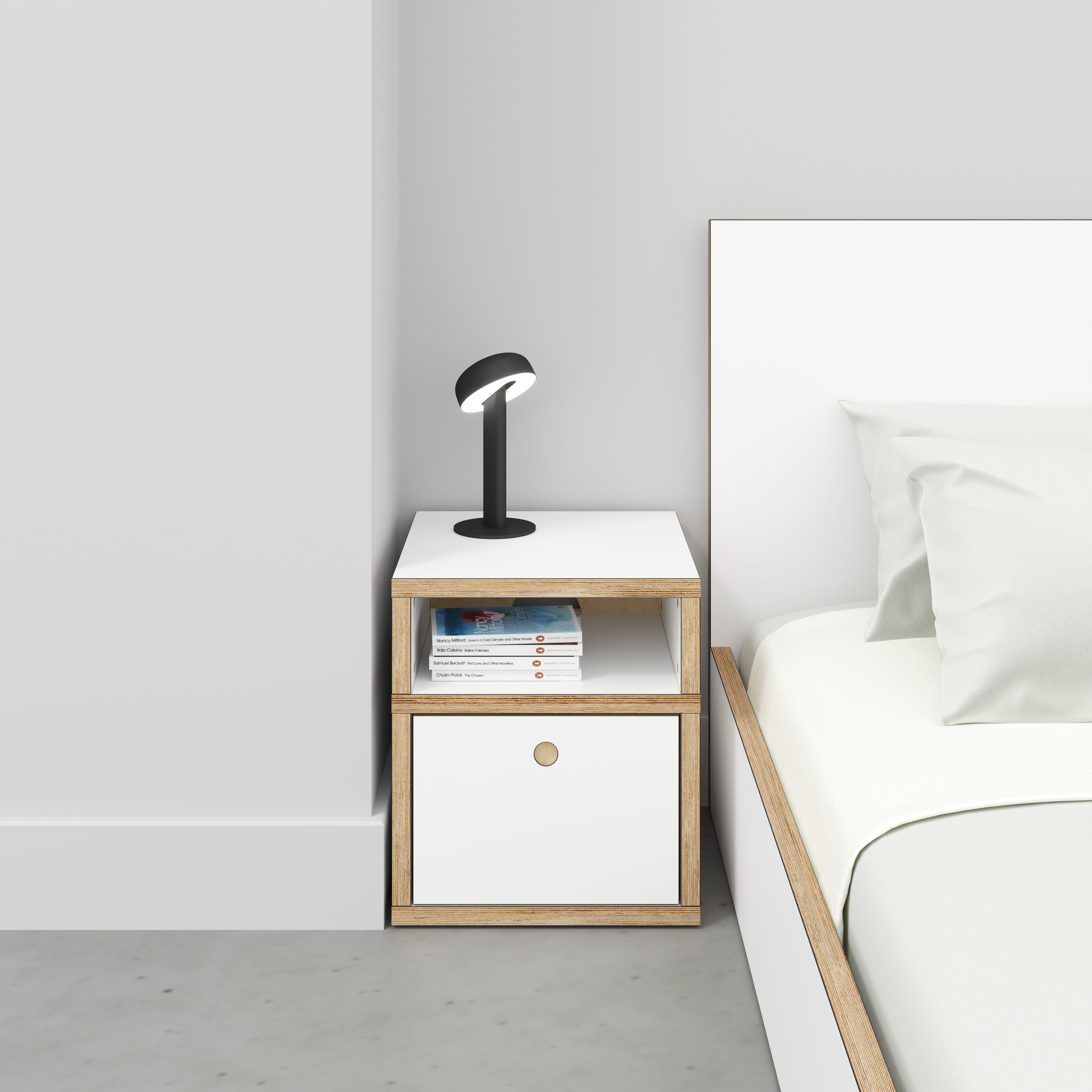 Plywood Bedside Table - Type 2 - with Drawer - Formica White - 400(w) x 400(d) x 450(h)