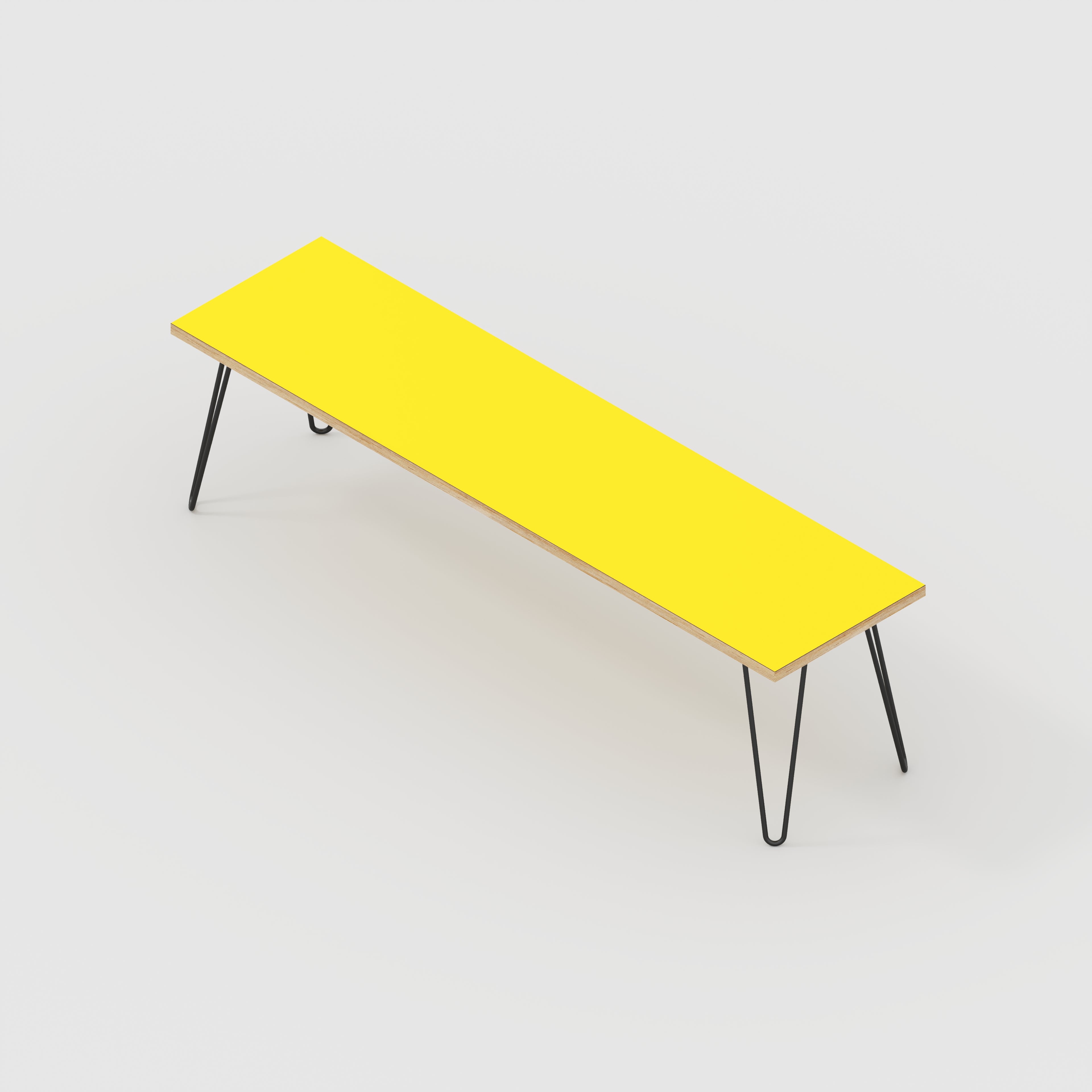 Plywood Bench Seat with Black Hairpin Legs - Formica Chrome Yellow - 1600(w) x 400(d)