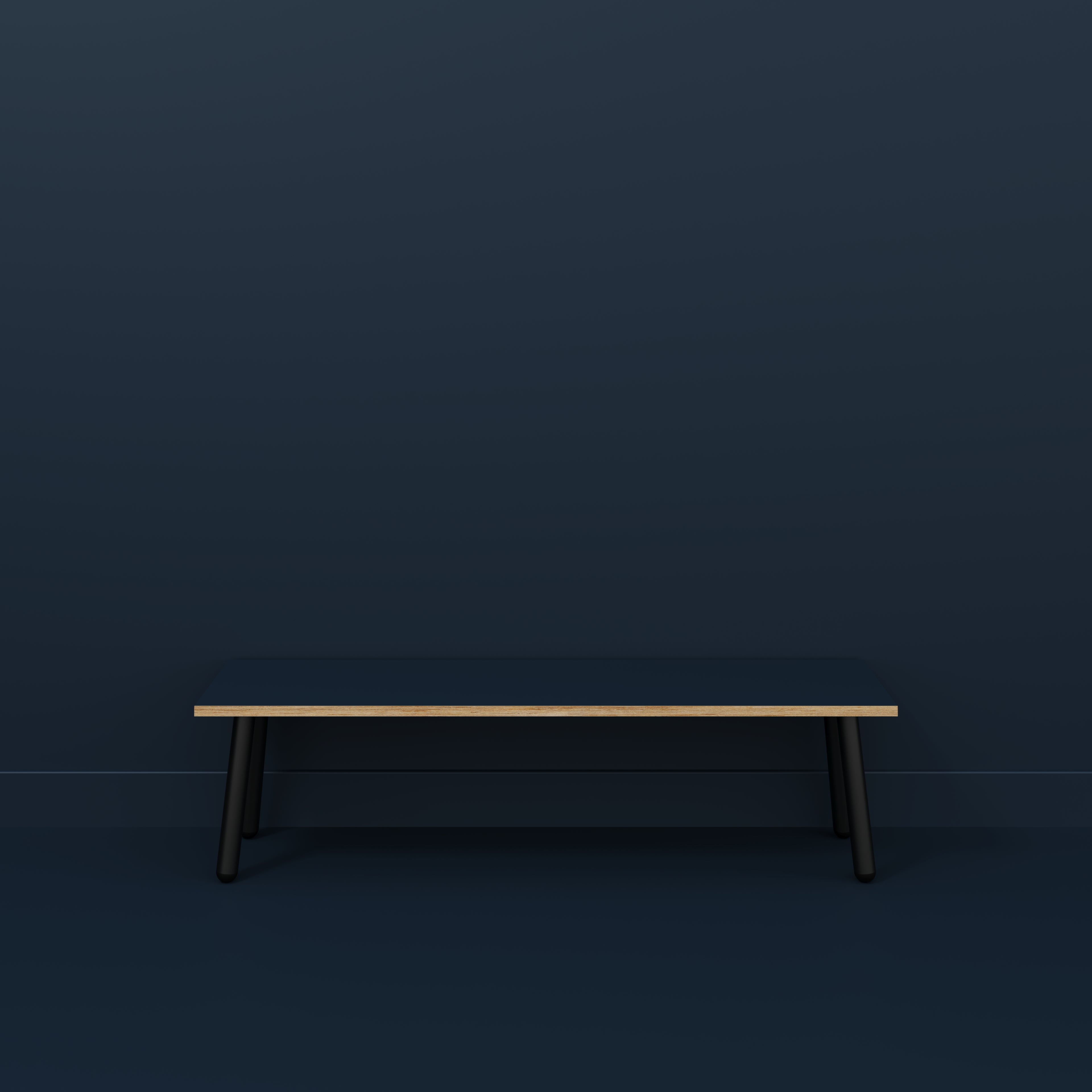 Plywood Bench Seat with Black Round Single Pin Legs - Formica Night Sea Blue - 1600(w) x 400(d)