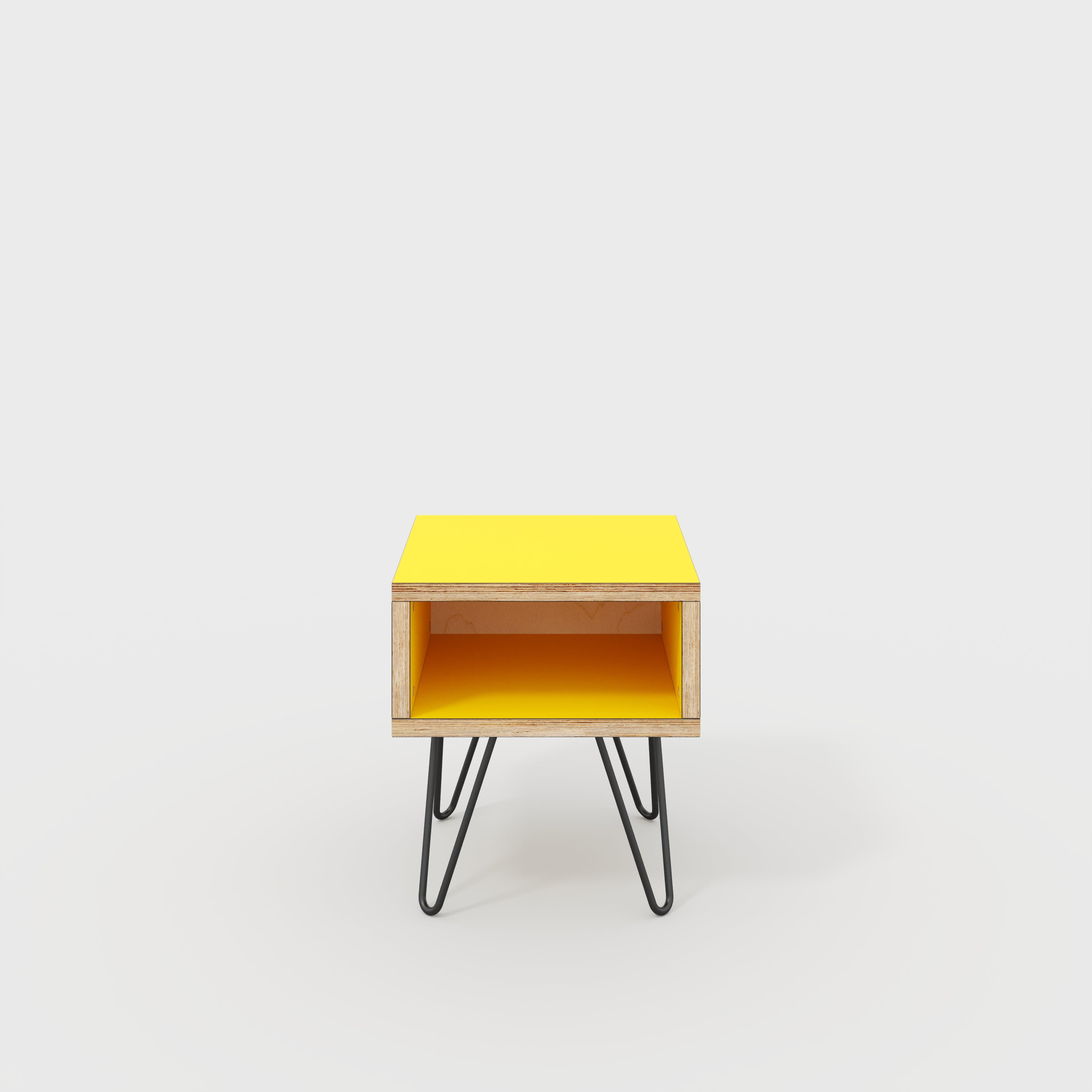 Bedside Table with Box Storage and Black Hairpin Legs - Formica Chrome Yellow - 400(w) x 400(d) x 450(h)