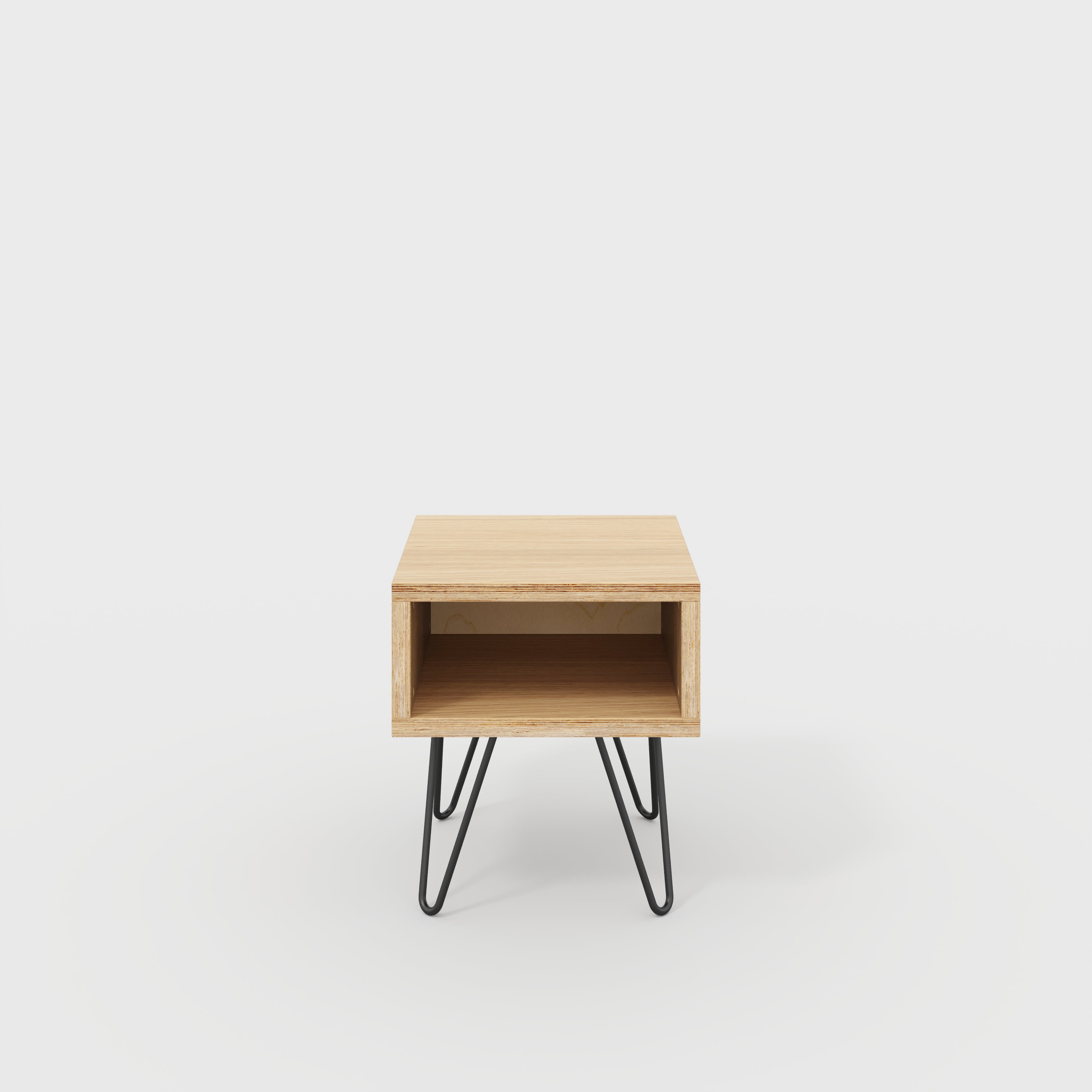 Bedside Table with Box Storage and Black Hairpin Legs - Plywood Oak - 400(w) x 400(d) x 450(h)