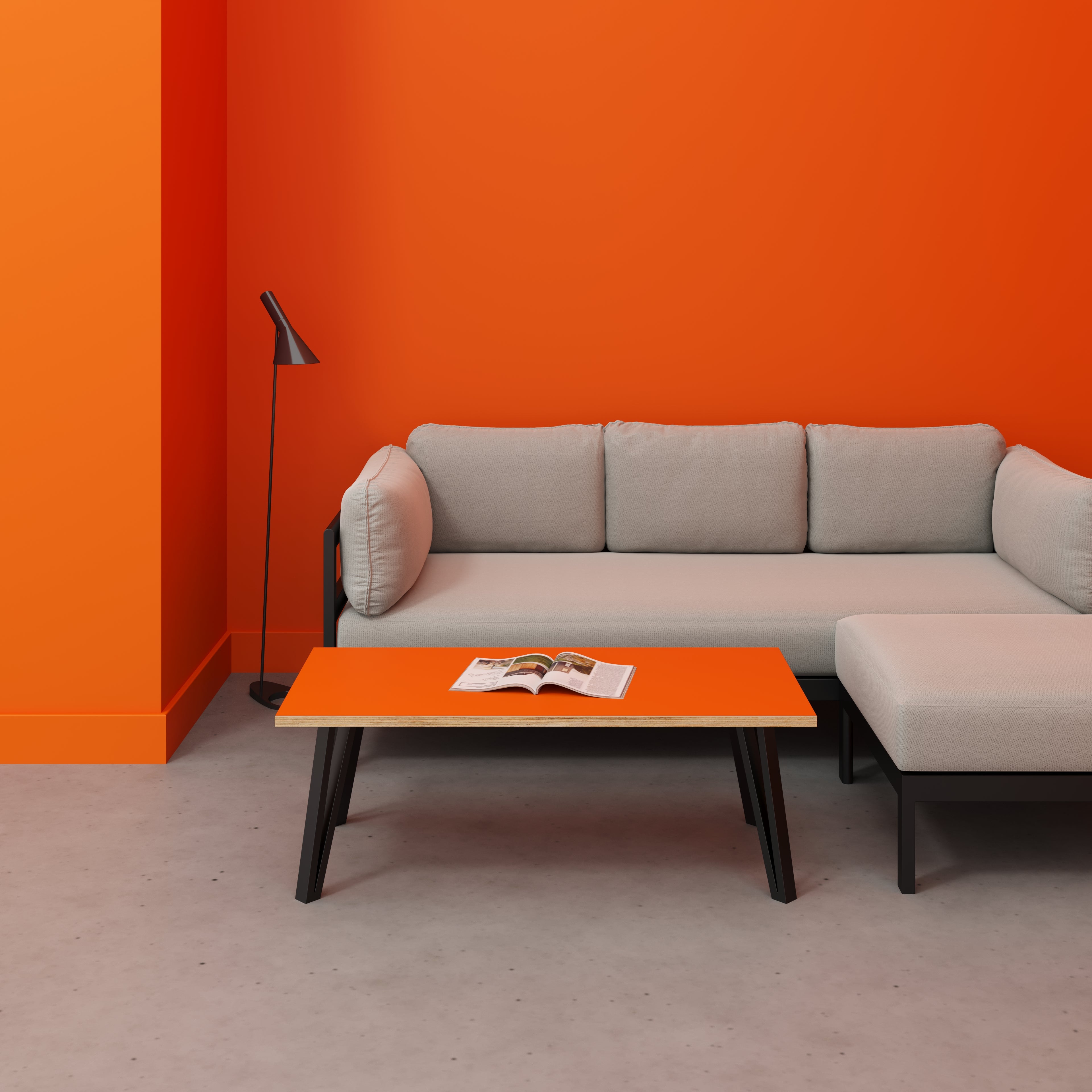 Plywood Coffee Table with Black Box Hairpin Legs - Formica Levante Orange - 1200(w) x 600(d) x 425(h)