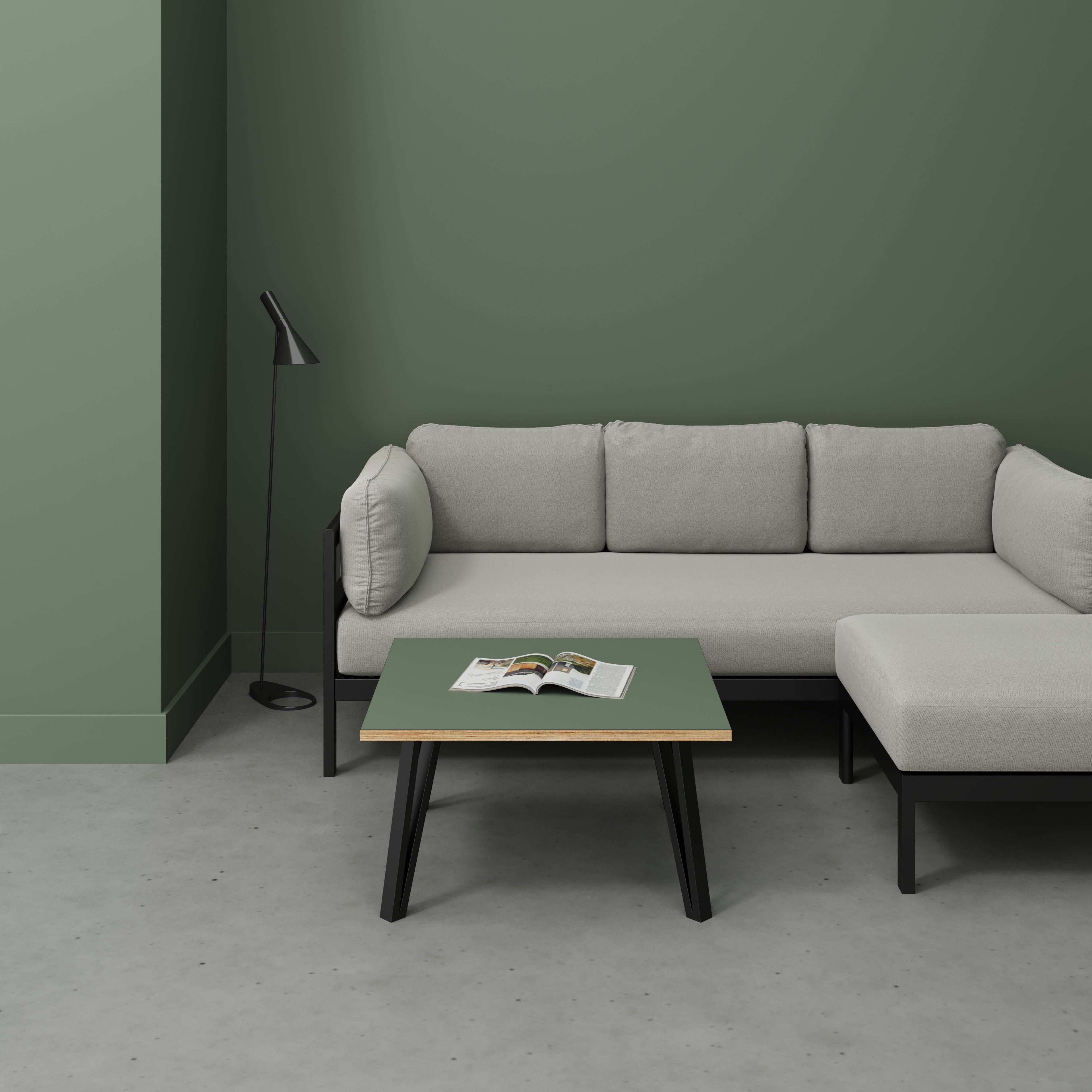 Plywood Coffee Table with Black Box Hairpin Legs - Formica Green Slate - 800(w) x 800(d) x 425(h)