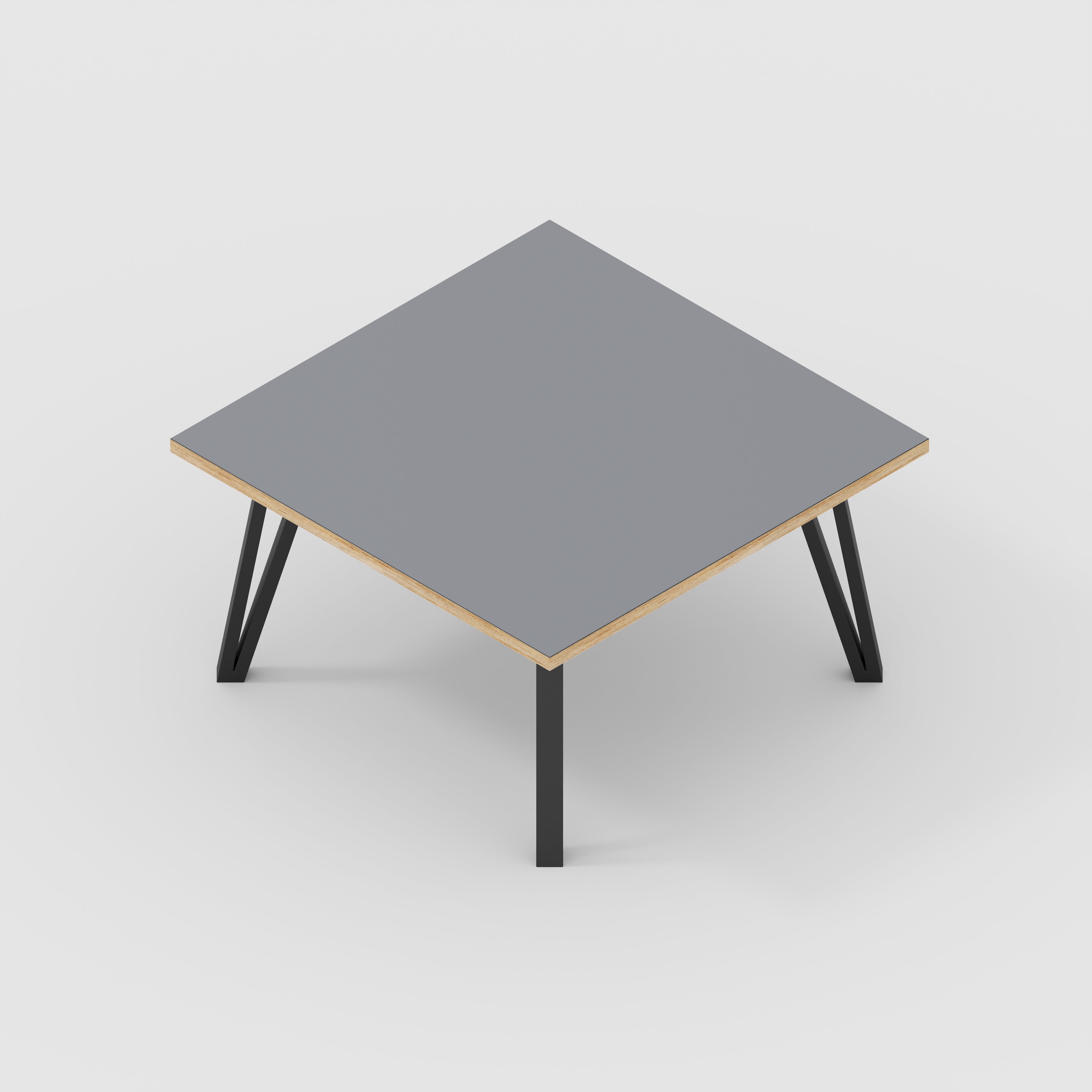 Plywood Coffee Table with Black Box Hairpin Legs - Formica Tornado Grey - 800(w) x 800(d) x 425(h)