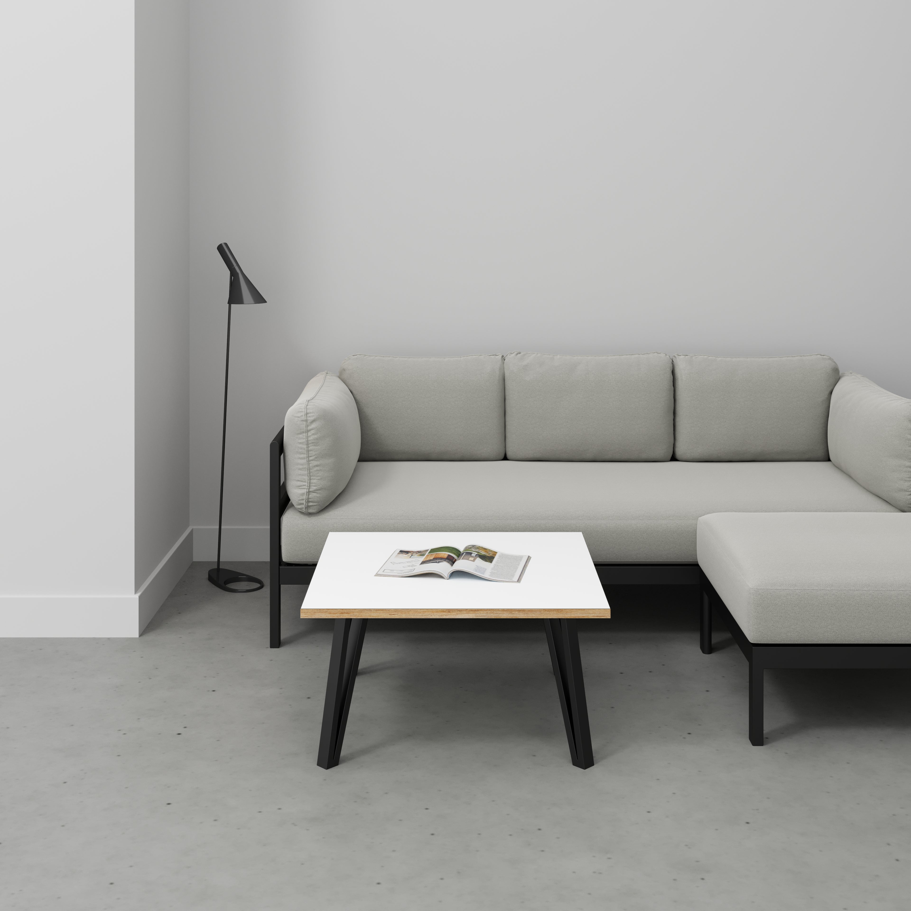 Plywood Coffee Table with Black Box Hairpin Legs - Formica White - 800(w) x 800(d) x 425(h)