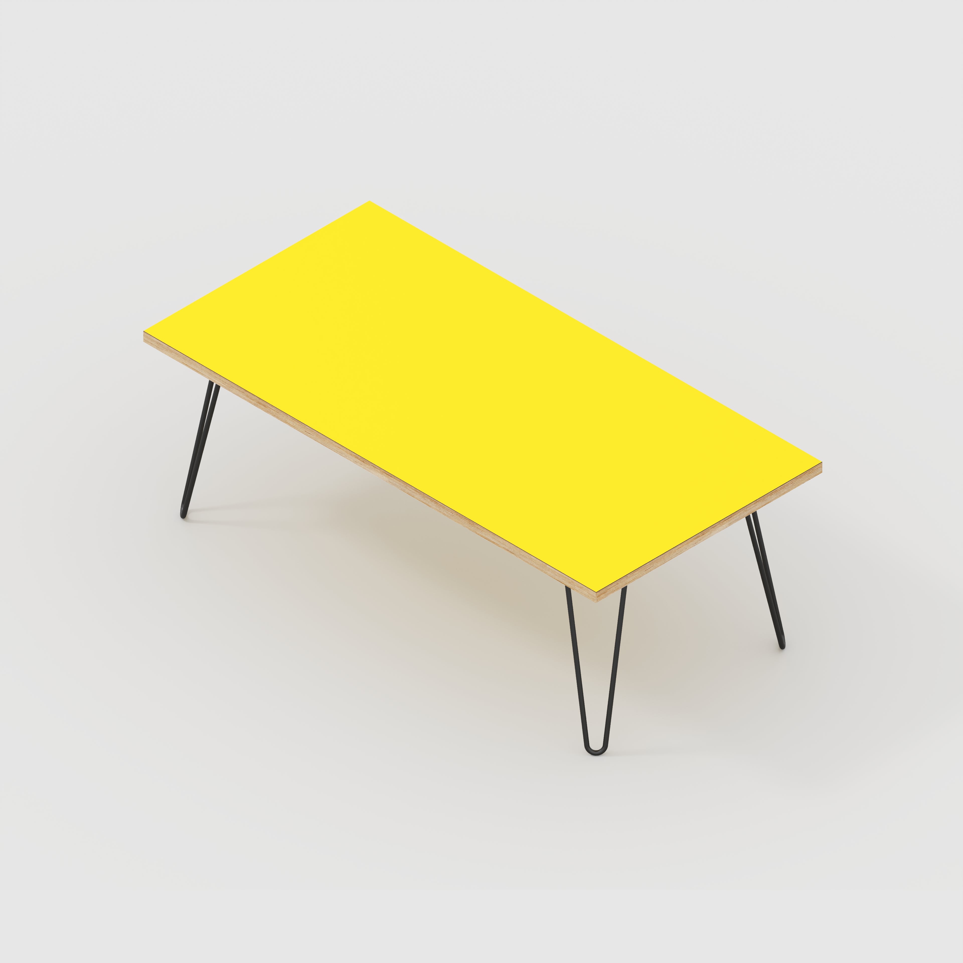 Plywood Coffee Table with Black Hairpin Legs - Formica Chrome Yellow - 1200(w) x 600(d) x 425(h)
