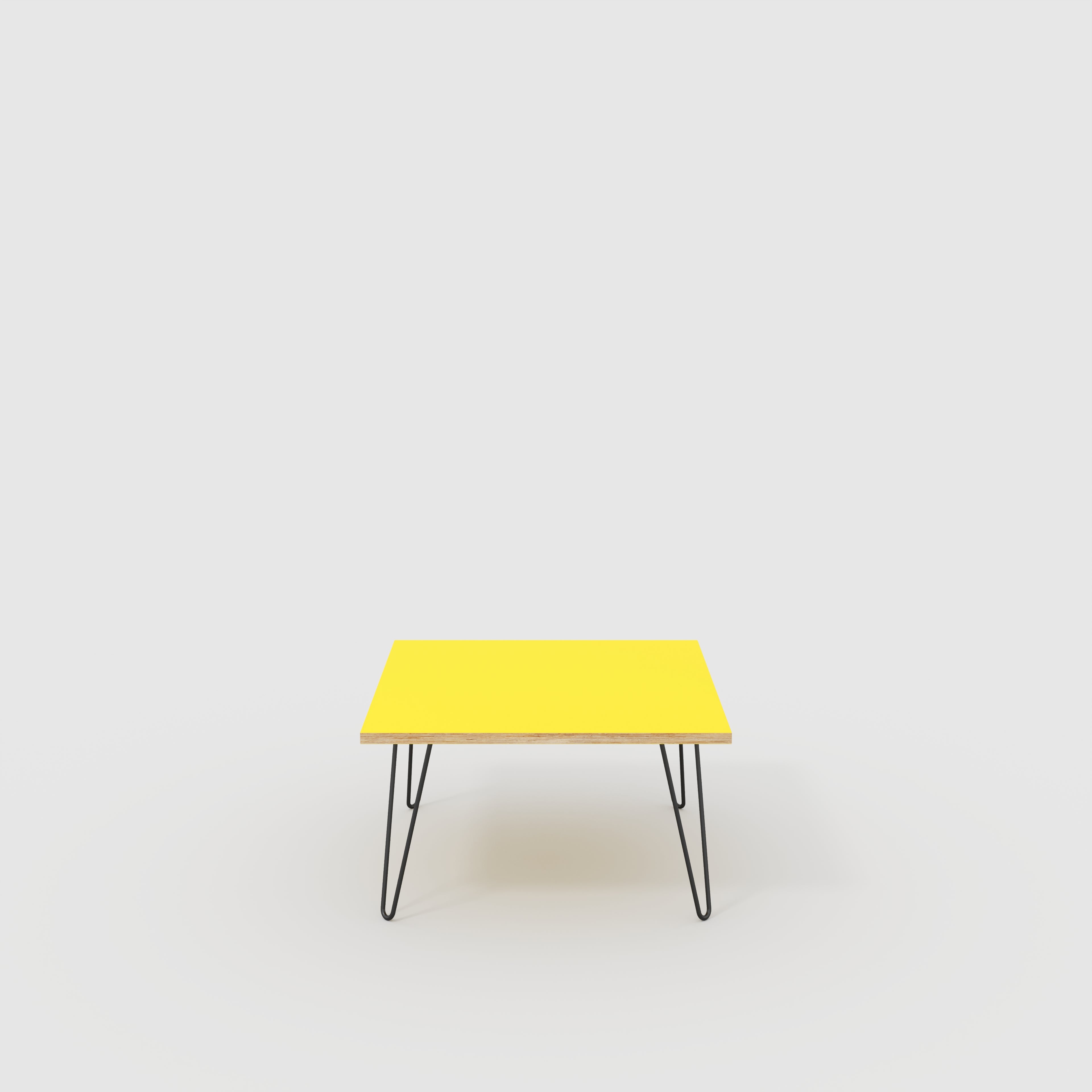 Coffee Table with Black Hairpin Legs - Formica Chrome Yellow - 800(w) x 800(d) x 425(h)