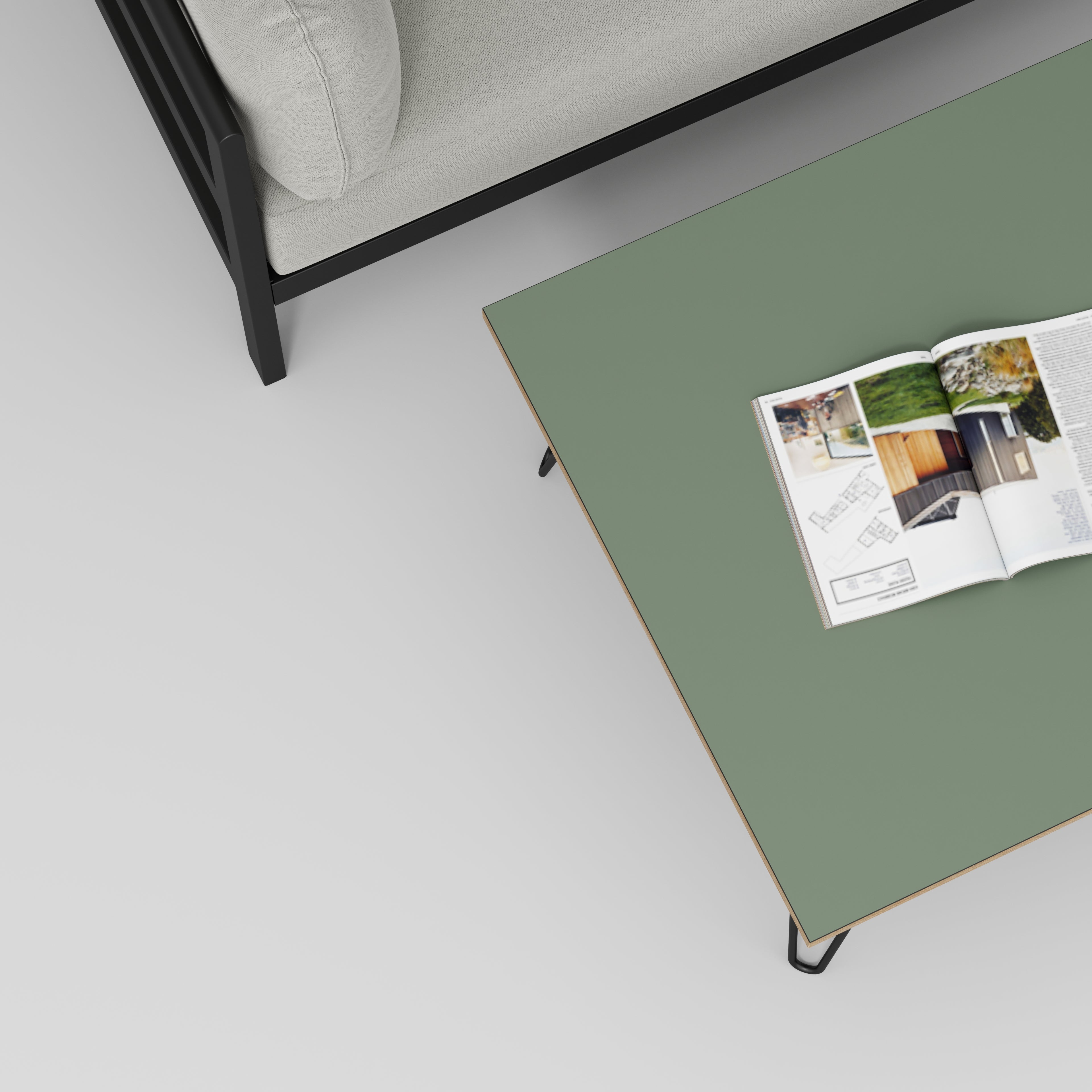 Plywood Coffee Table with Black Hairpin Legs - Formica Green Slate - 800(w) x 800(d) x 425(h)