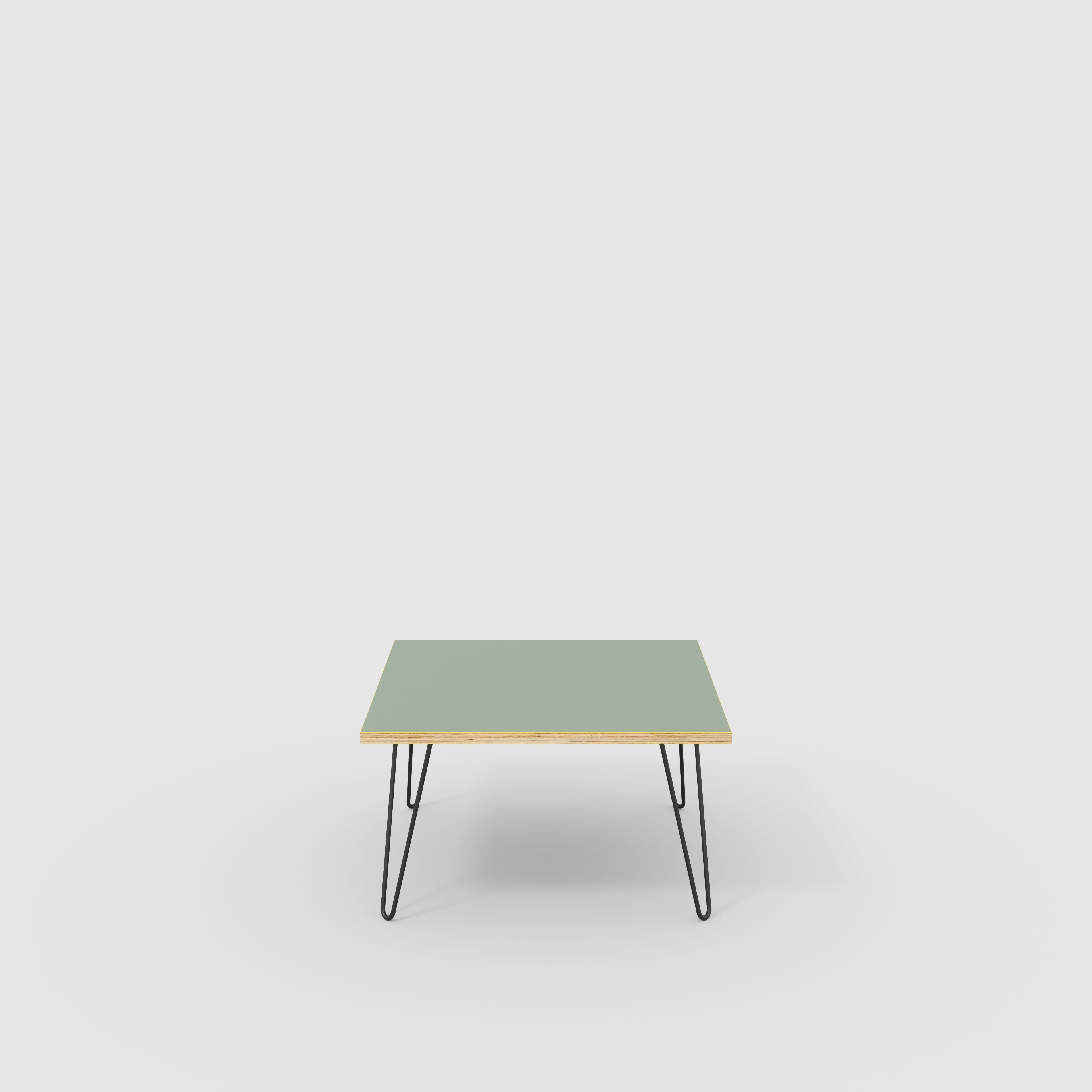 Plywood Coffee Table with Black Hairpin Legs - Formica Green Slate - 800(w) x 800(d) x 425(h)