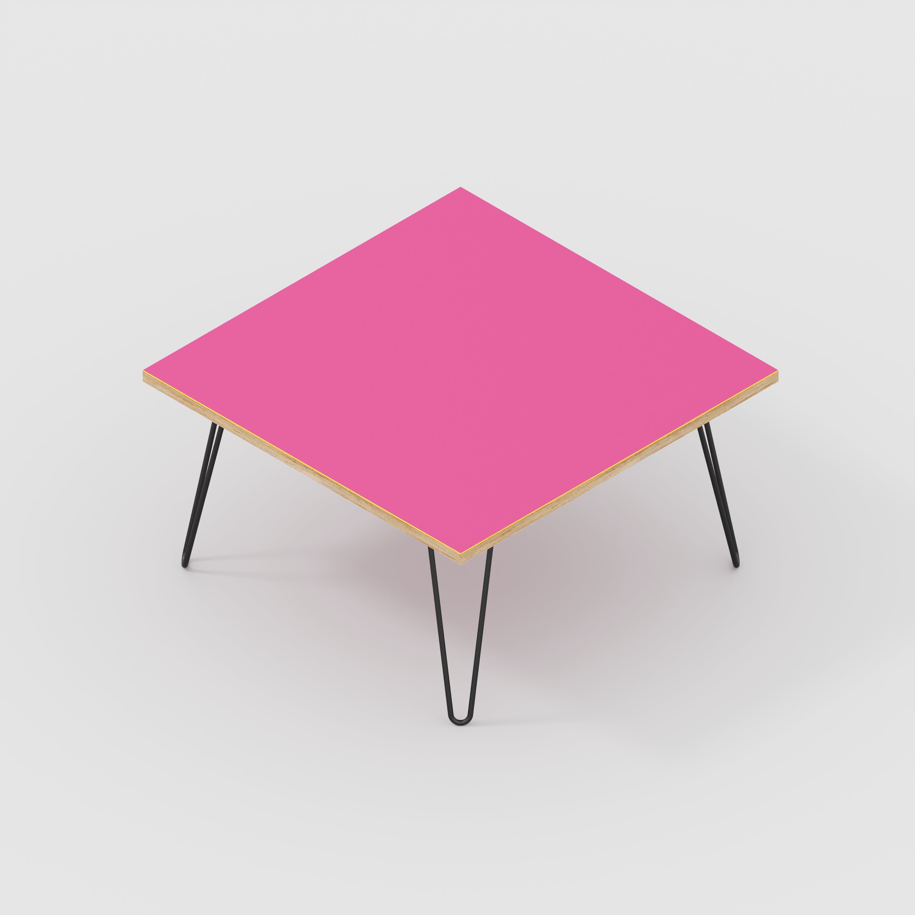Plywood Coffee Table with Black Hairpin Legs - Formica Juicy Pink - 800(w) x 800(d) x 425(h)