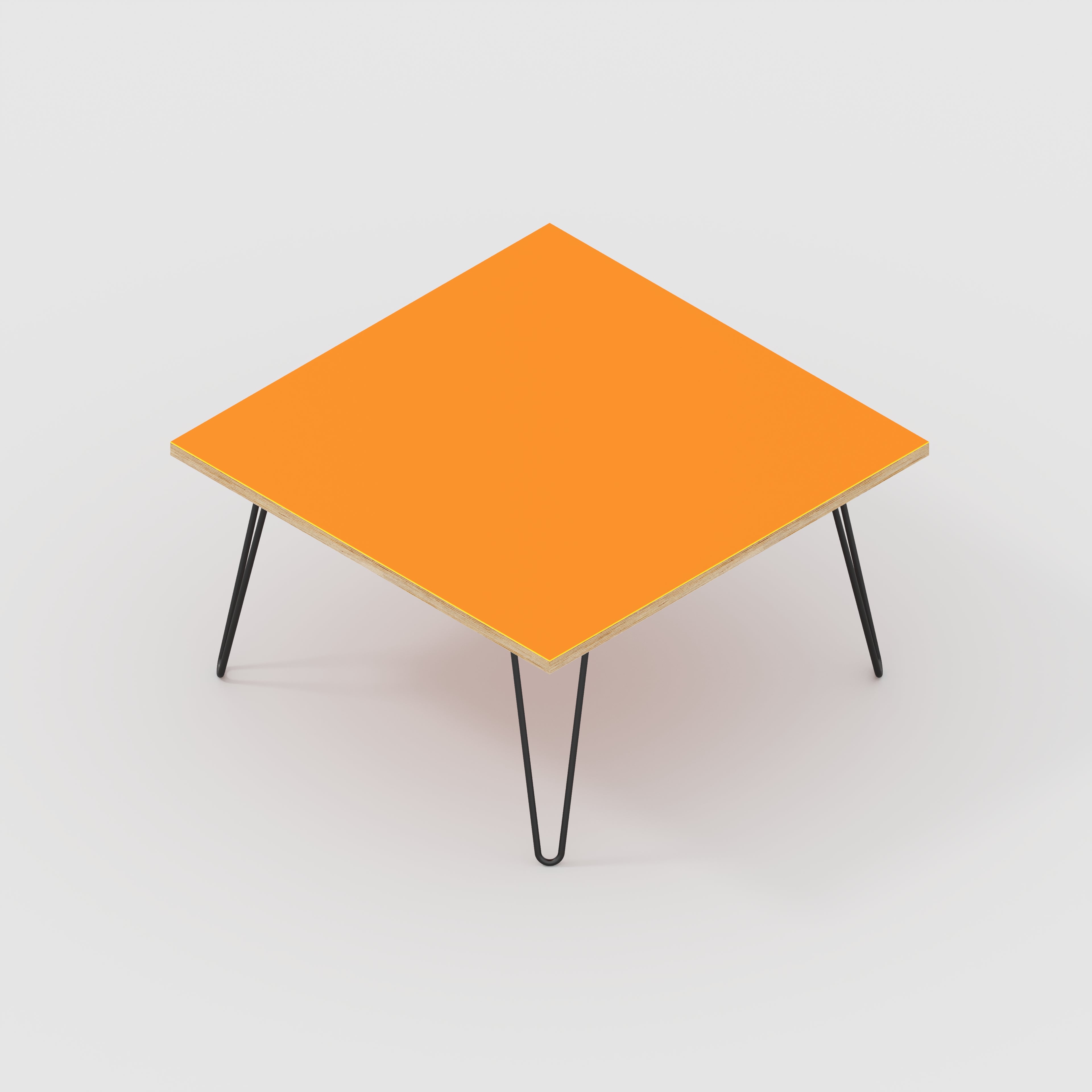 Plywood Coffee Table with Black Hairpin Legs - Formica Levante Orange - 800(w) x 800(d) x 425(h)