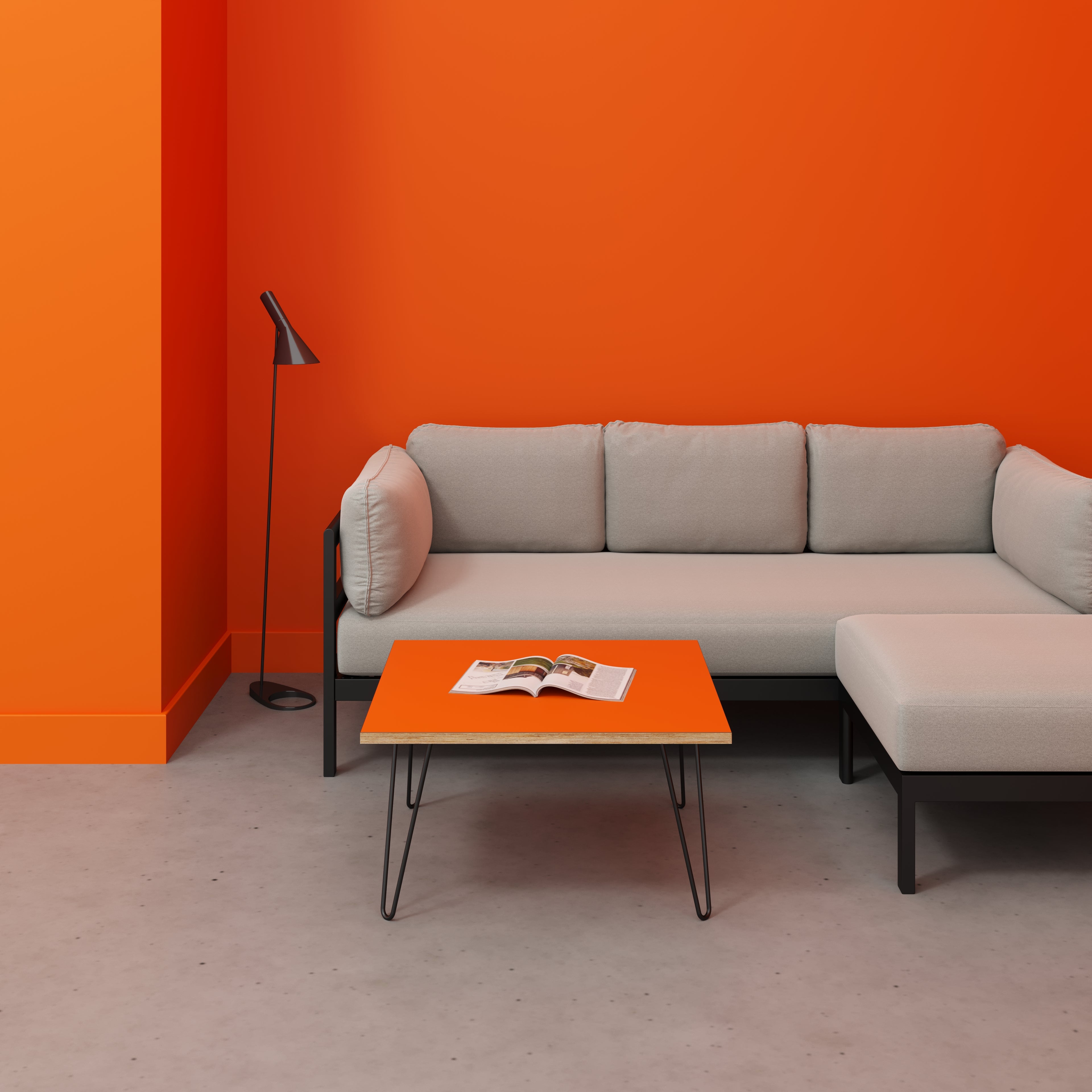 Plywood Coffee Table with Black Hairpin Legs - Formica Levante Orange - 800(w) x 800(d) x 425(h)