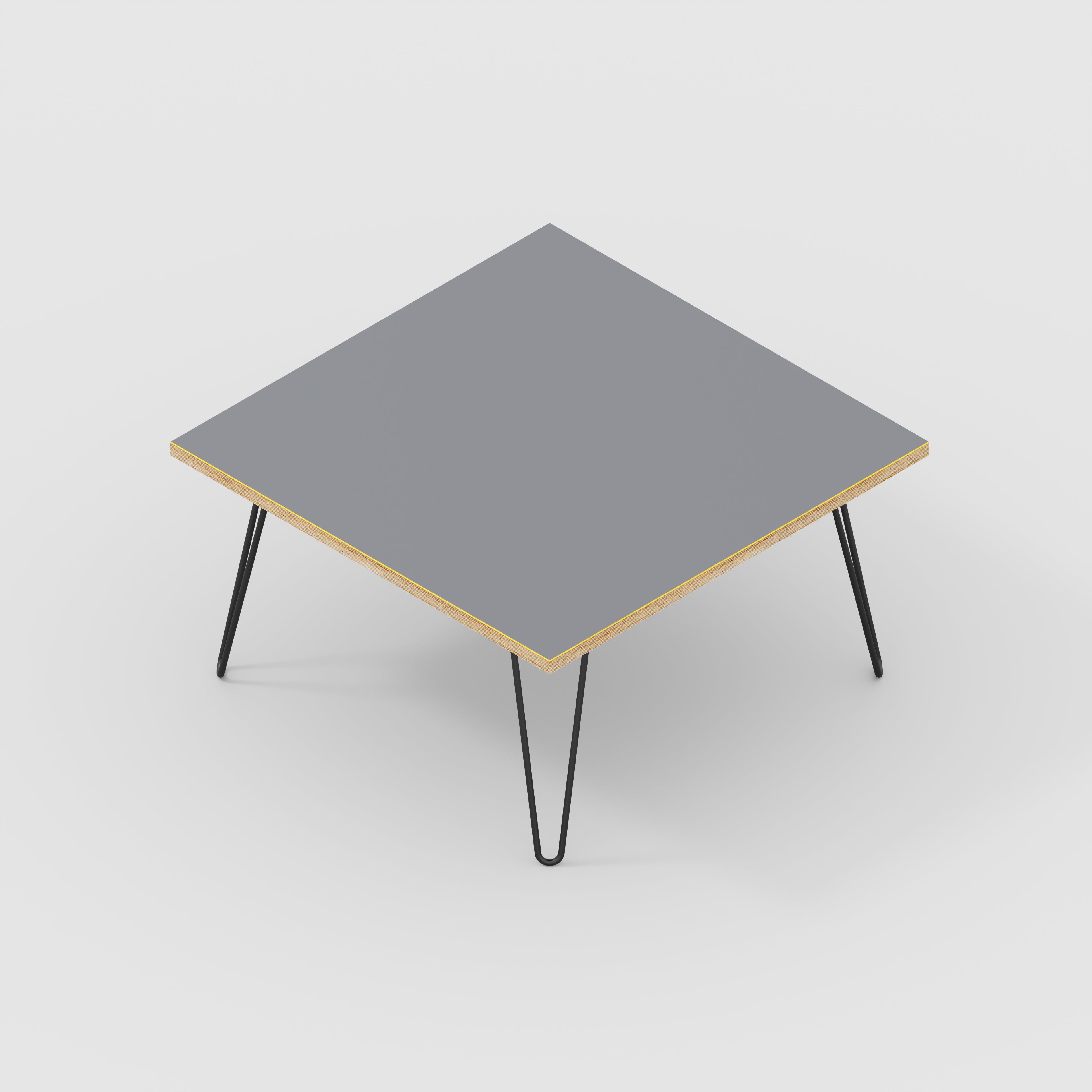Plywood Coffee Table with Black Hairpin Legs - Formica Tornado Grey - 800(w) x 800(d) x 425(h)