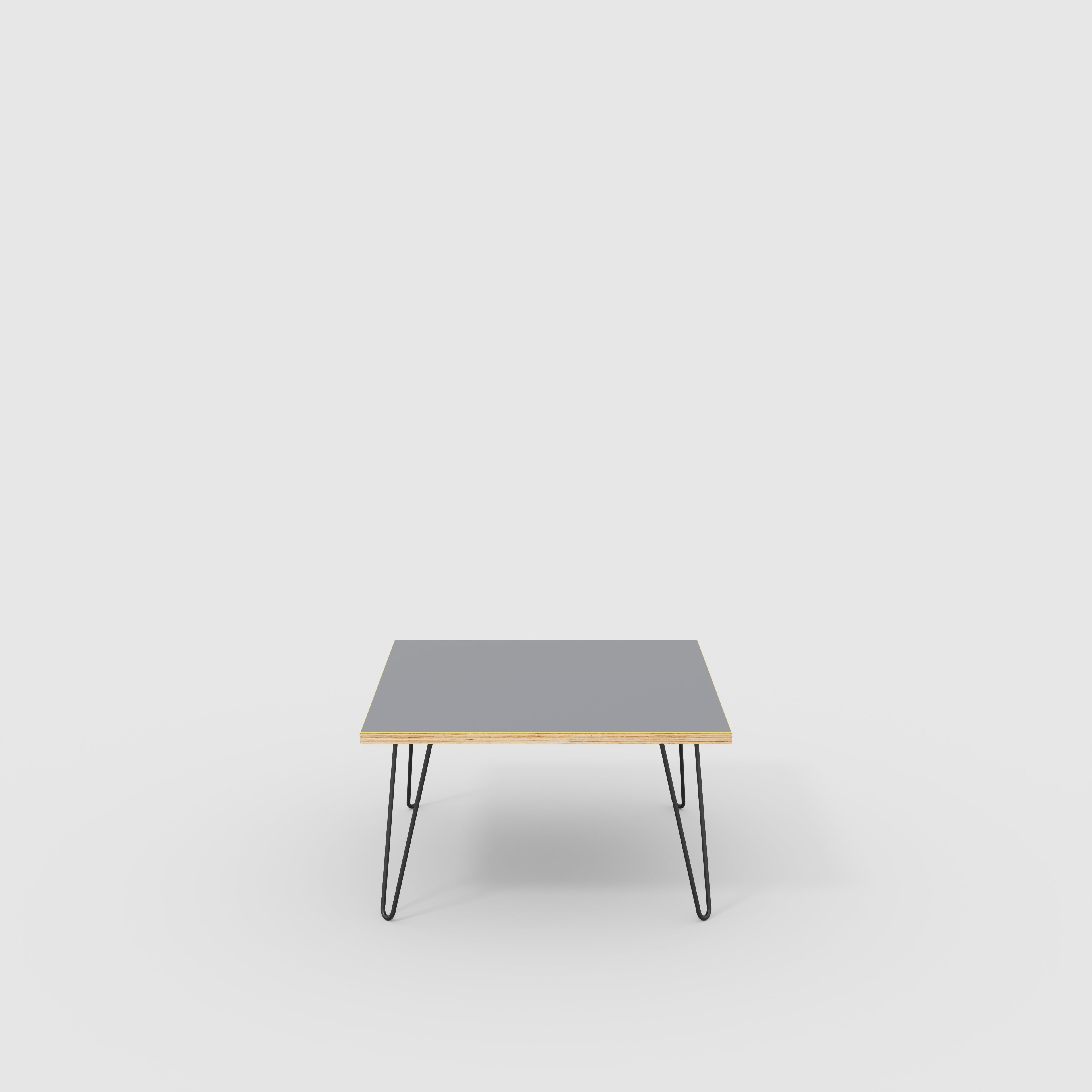 Plywood Coffee Table with Black Hairpin Legs - Formica Tornado Grey - 800(w) x 800(d) x 425(h)