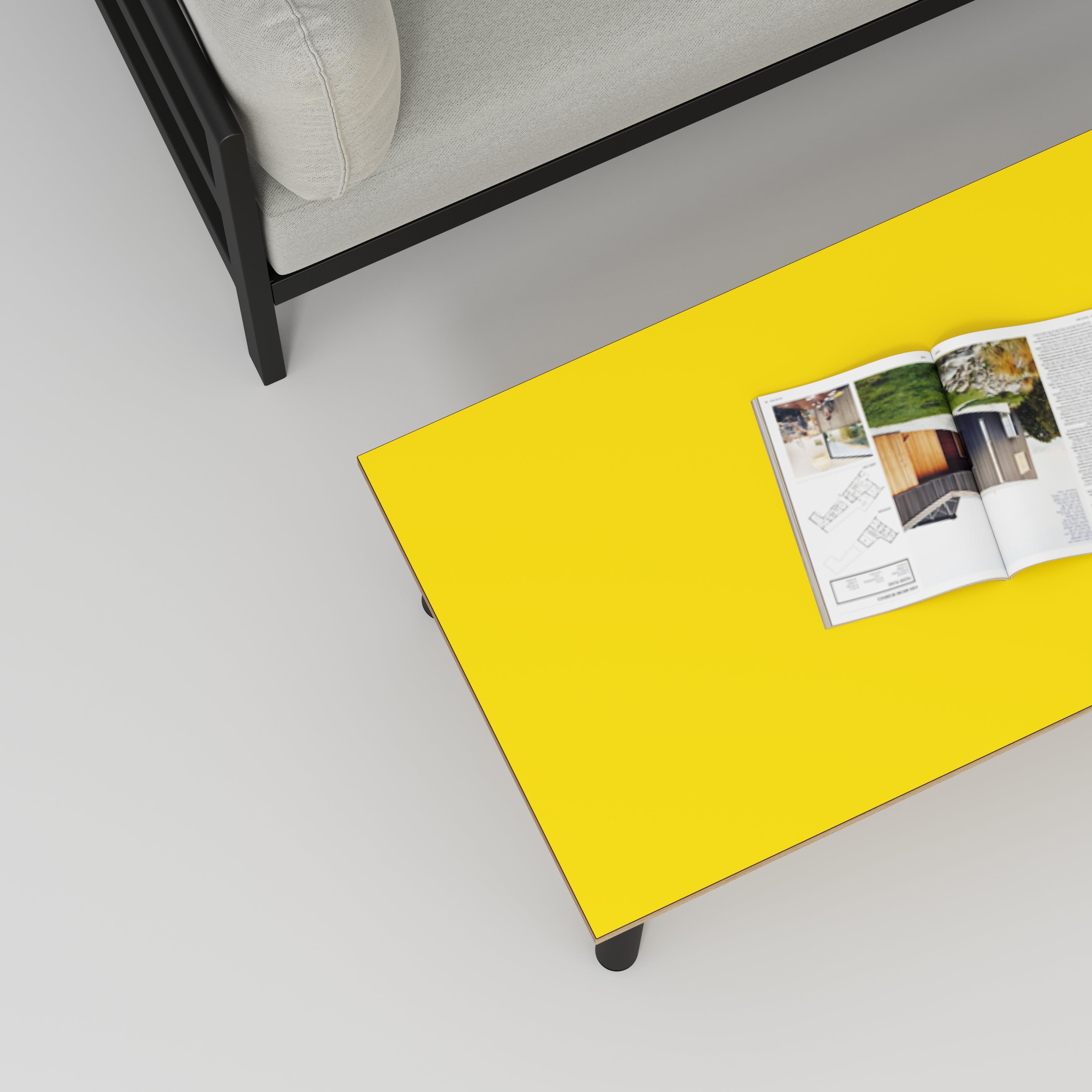 Plywood Coffee Table with Black Round Single Pin Legs - Formica Chrome Yellow - 1200(w) x 600(d) x 425(h)