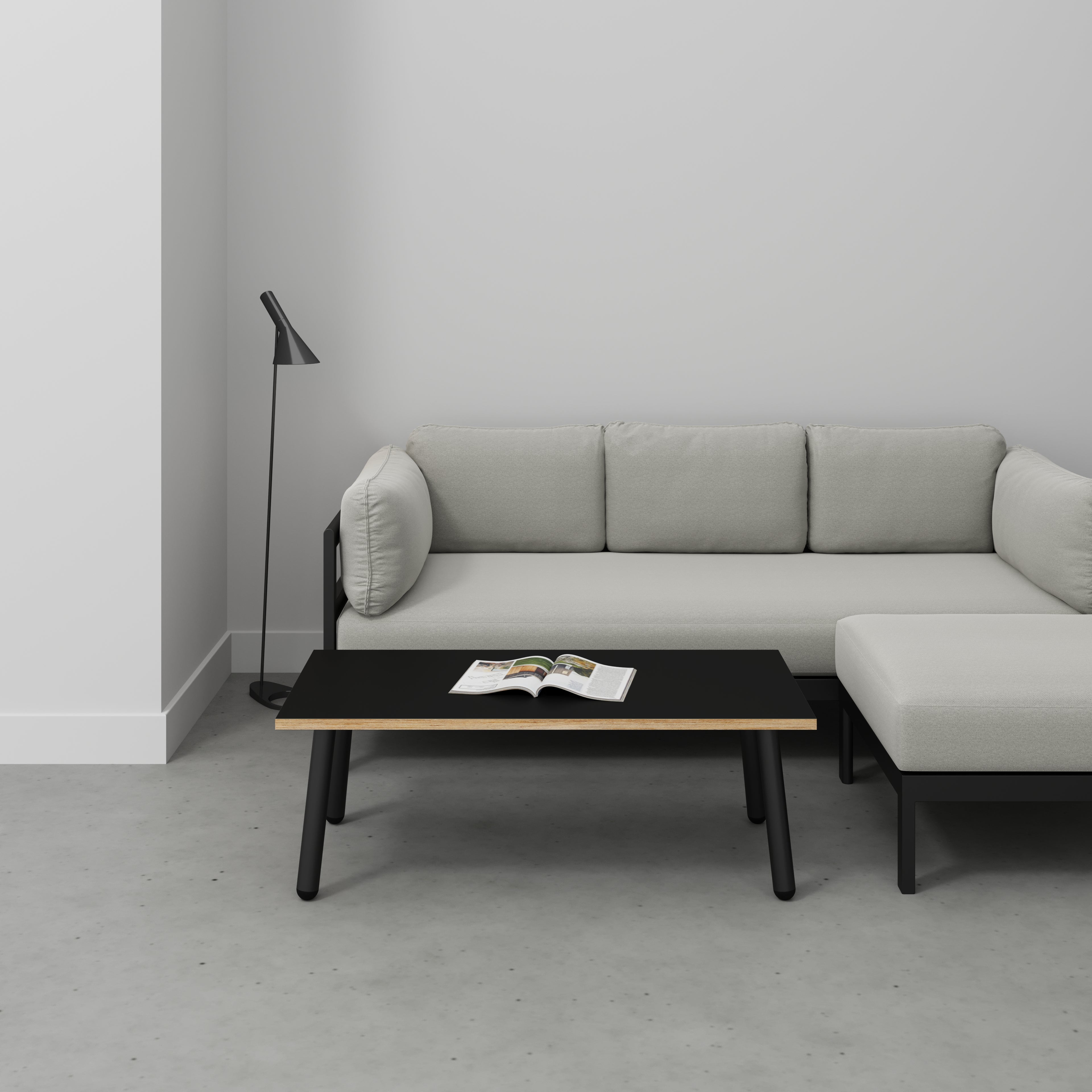 Plywood Coffee Table with Black Round Single Pin Legs - Formica Diamond Black - 1200(w) x 600(d) x 425(h)