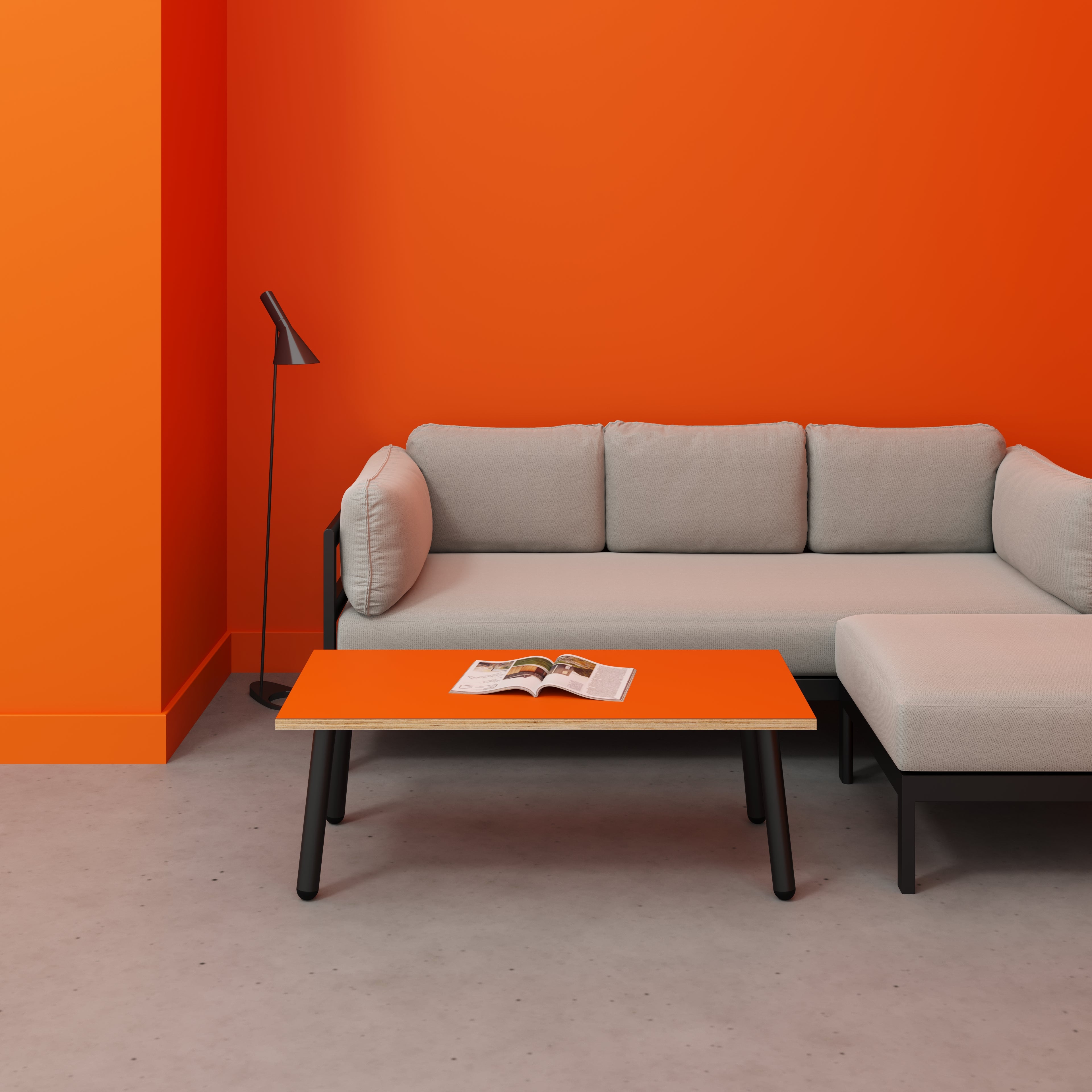 Coffee Table with Black Round Single Pin Legs - Formica Levante Orange - 1200(w) x 600(d) x 425(h)