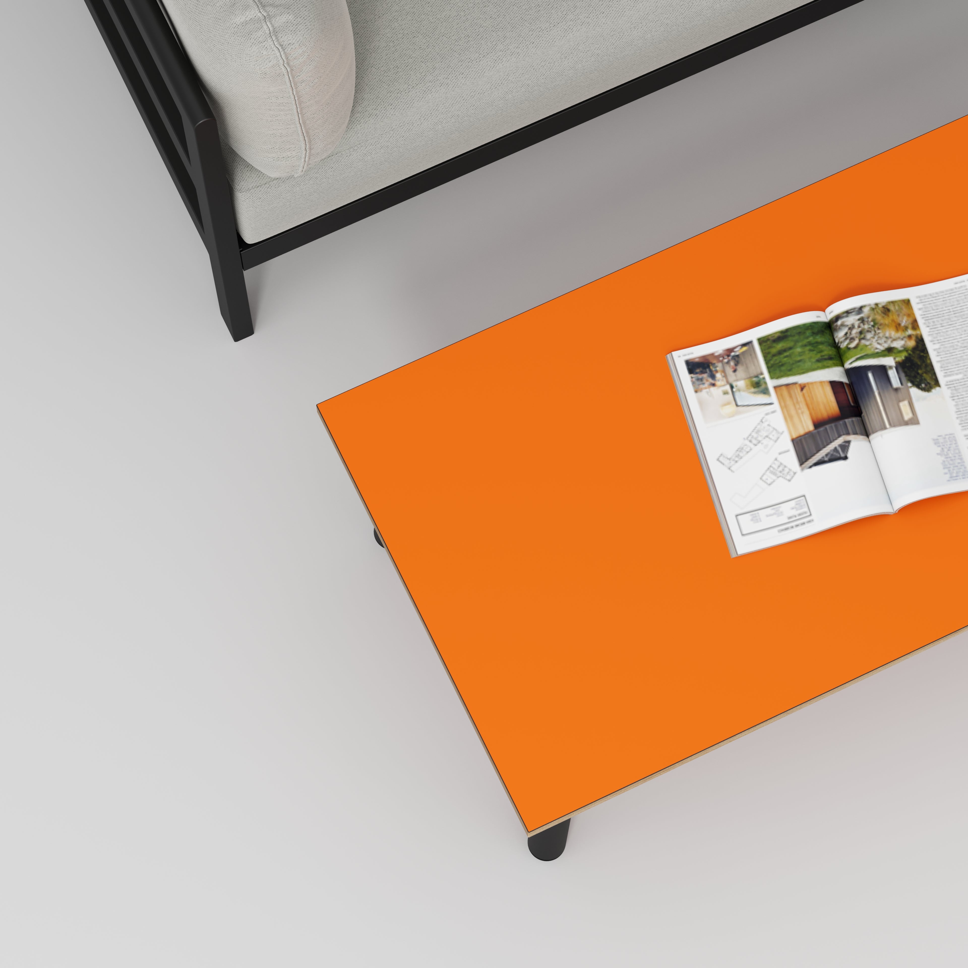 Plywood Coffee Table with Black Round Single Pin Legs - Formica Levante Orange - 1200(w) x 600(d) x 425(h)
