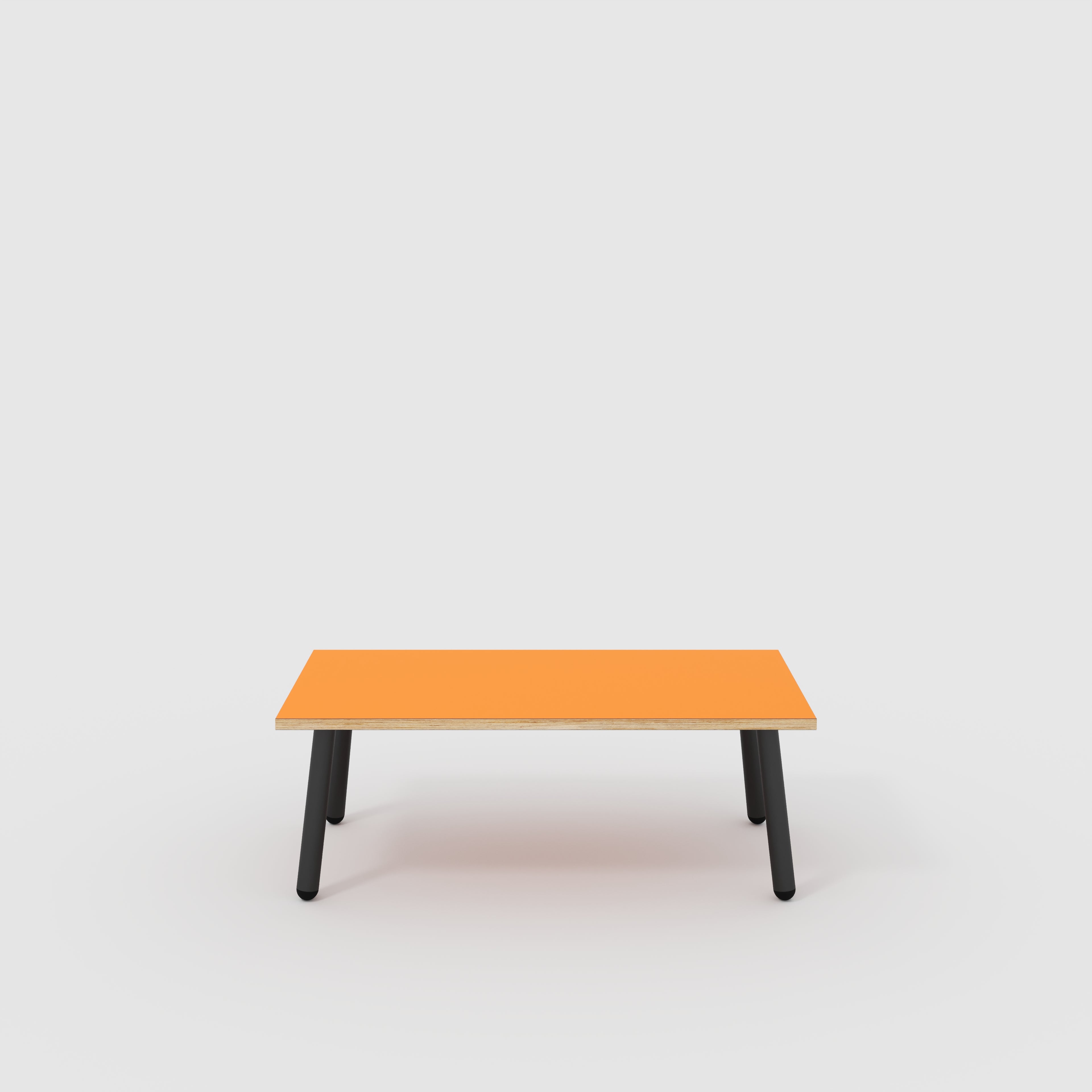 Plywood Coffee Table with Black Round Single Pin Legs - Formica Levante Orange - 1200(w) x 600(d) x 425(h)
