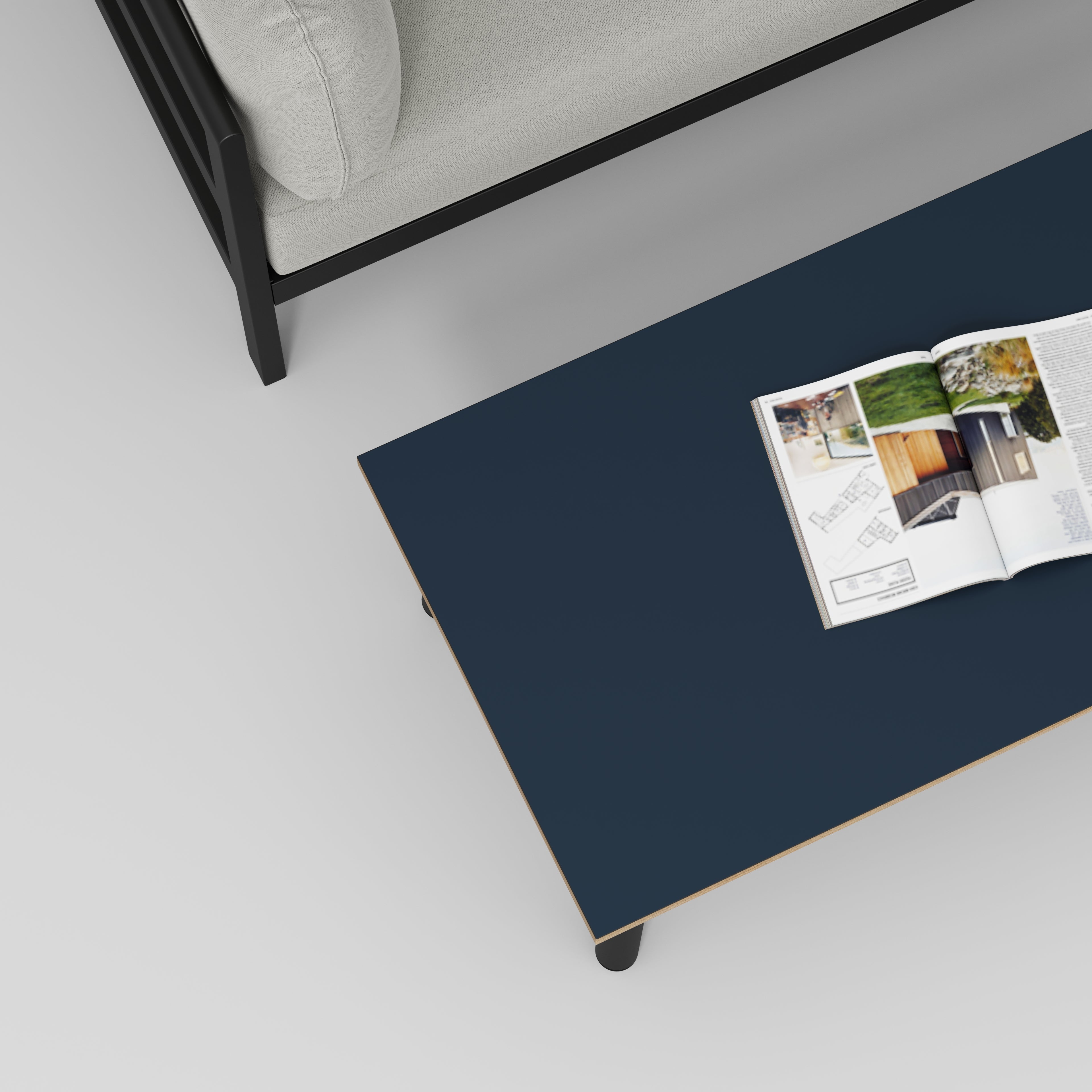 Plywood Coffee Table with Black Round Single Pin Legs - Formica Night Sea Blue - 1200(w) x 600(d) x 425(h)