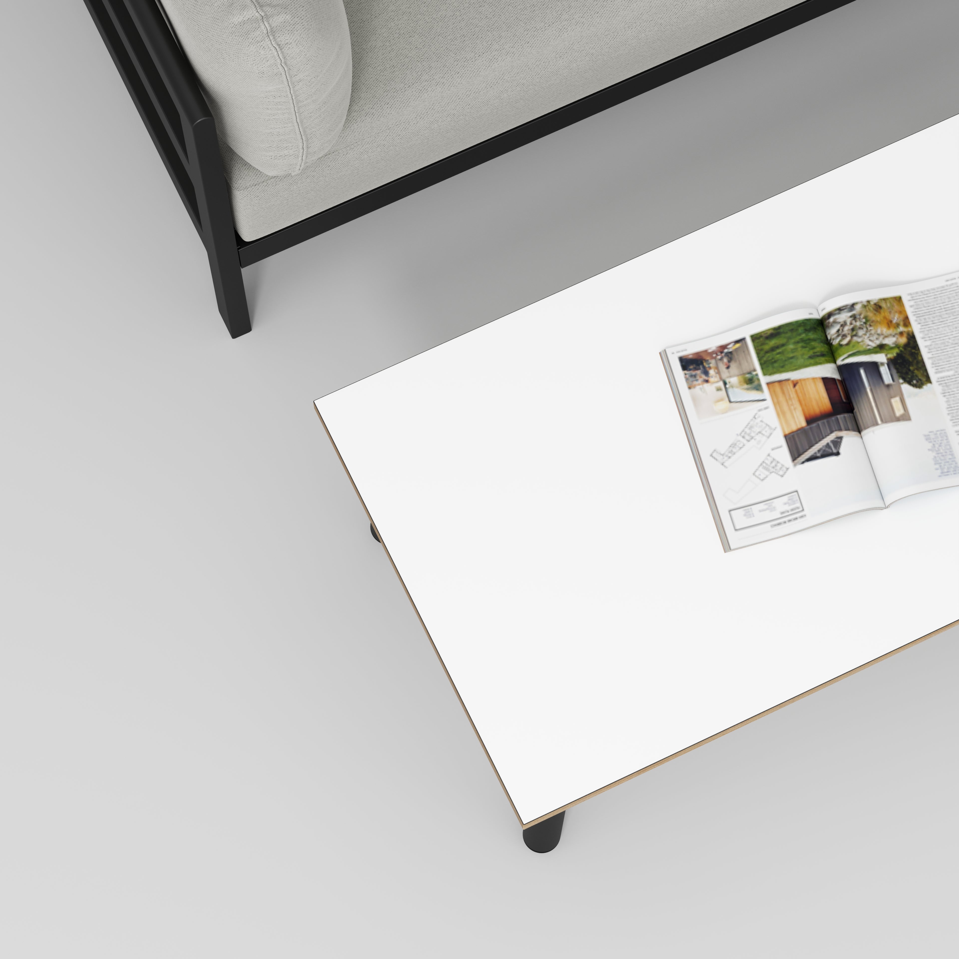 Plywood Coffee Table with Black Round Single Pin Legs - Formica White - 1200(w) x 600(d) x 425(h)