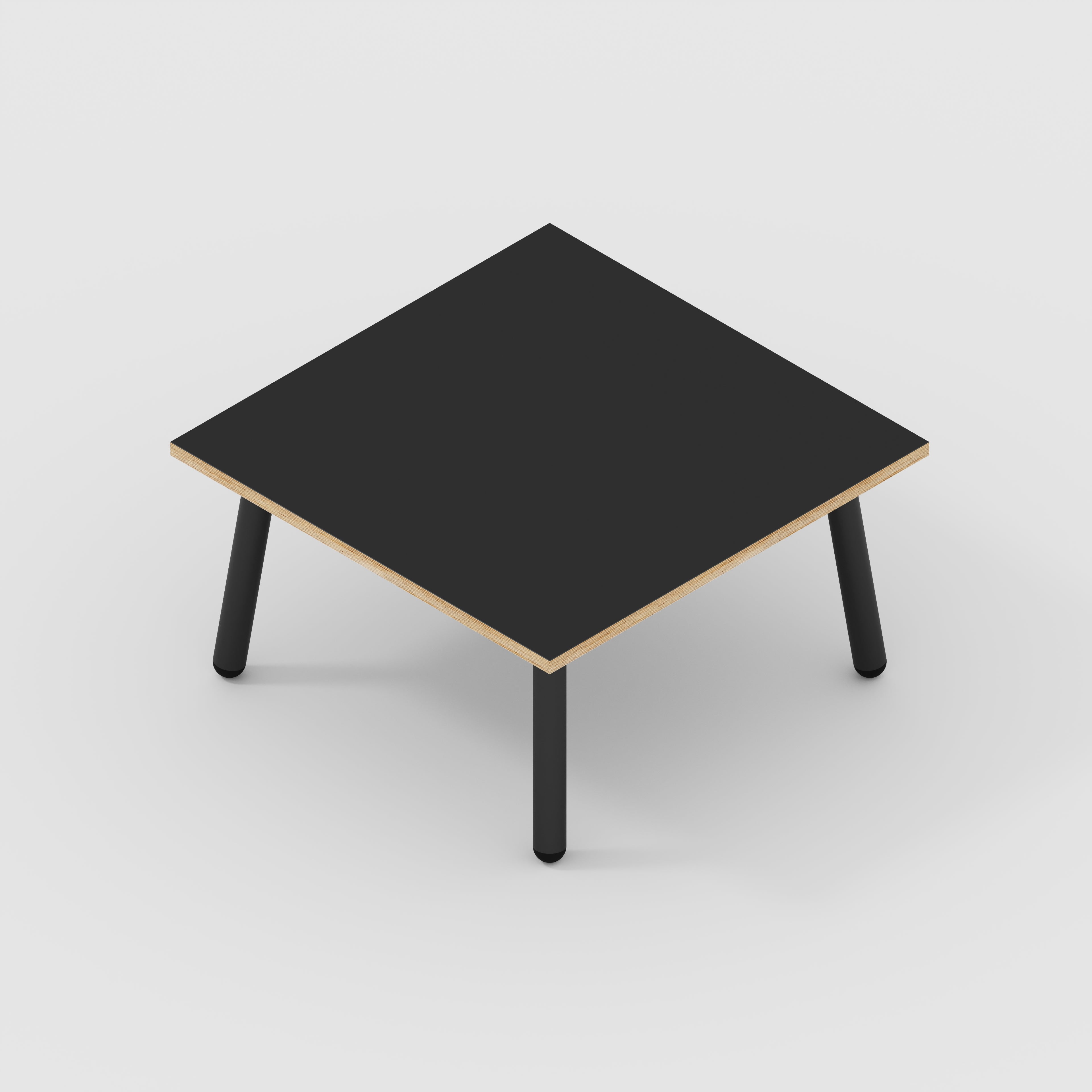 Plywood Coffee Table with Black Round Single Pin Legs - Formica Diamond Black - 800(w) x 800(d) x 425(h)