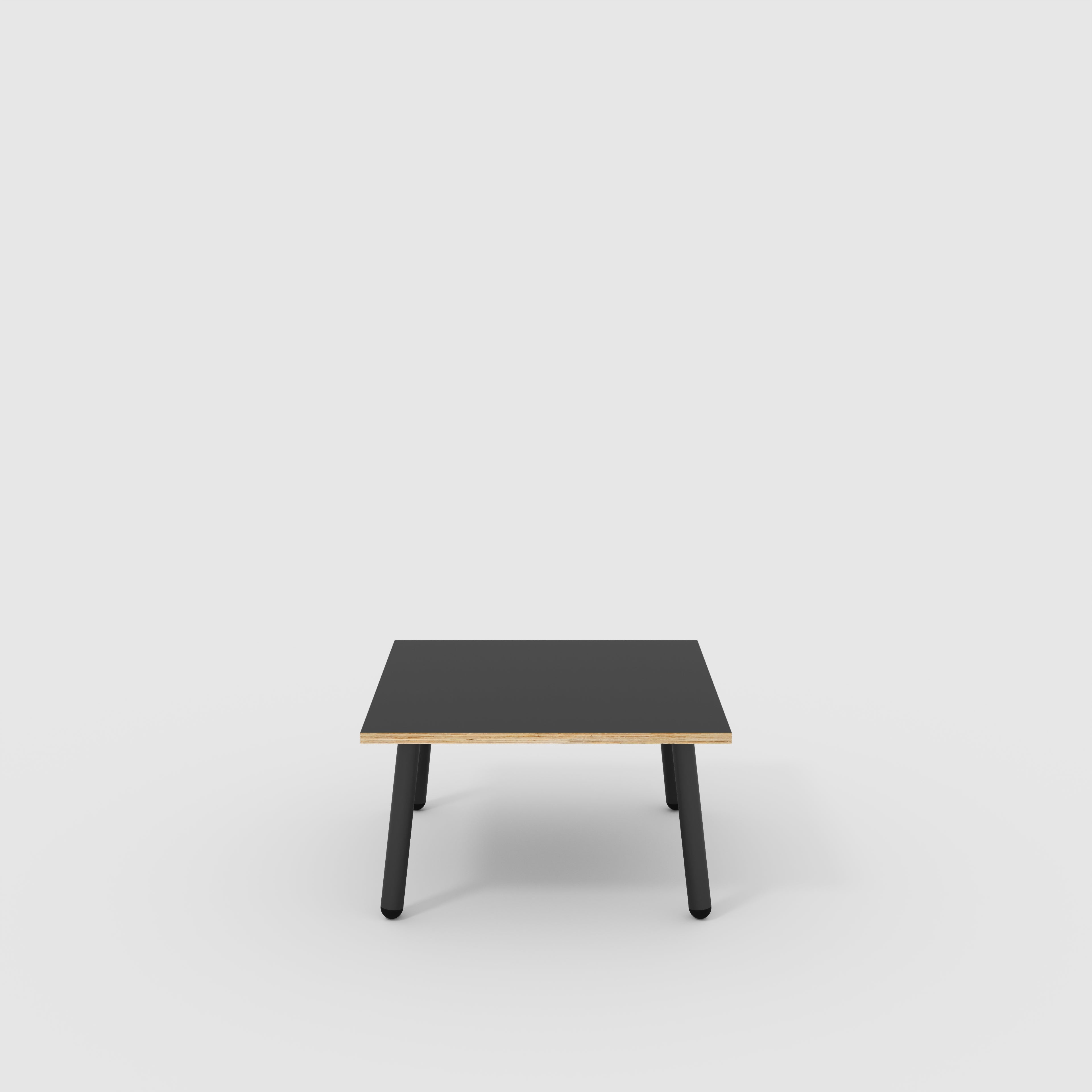 Plywood Coffee Table with Black Round Single Pin Legs - Formica Diamond Black - 800(w) x 800(d) x 425(h)