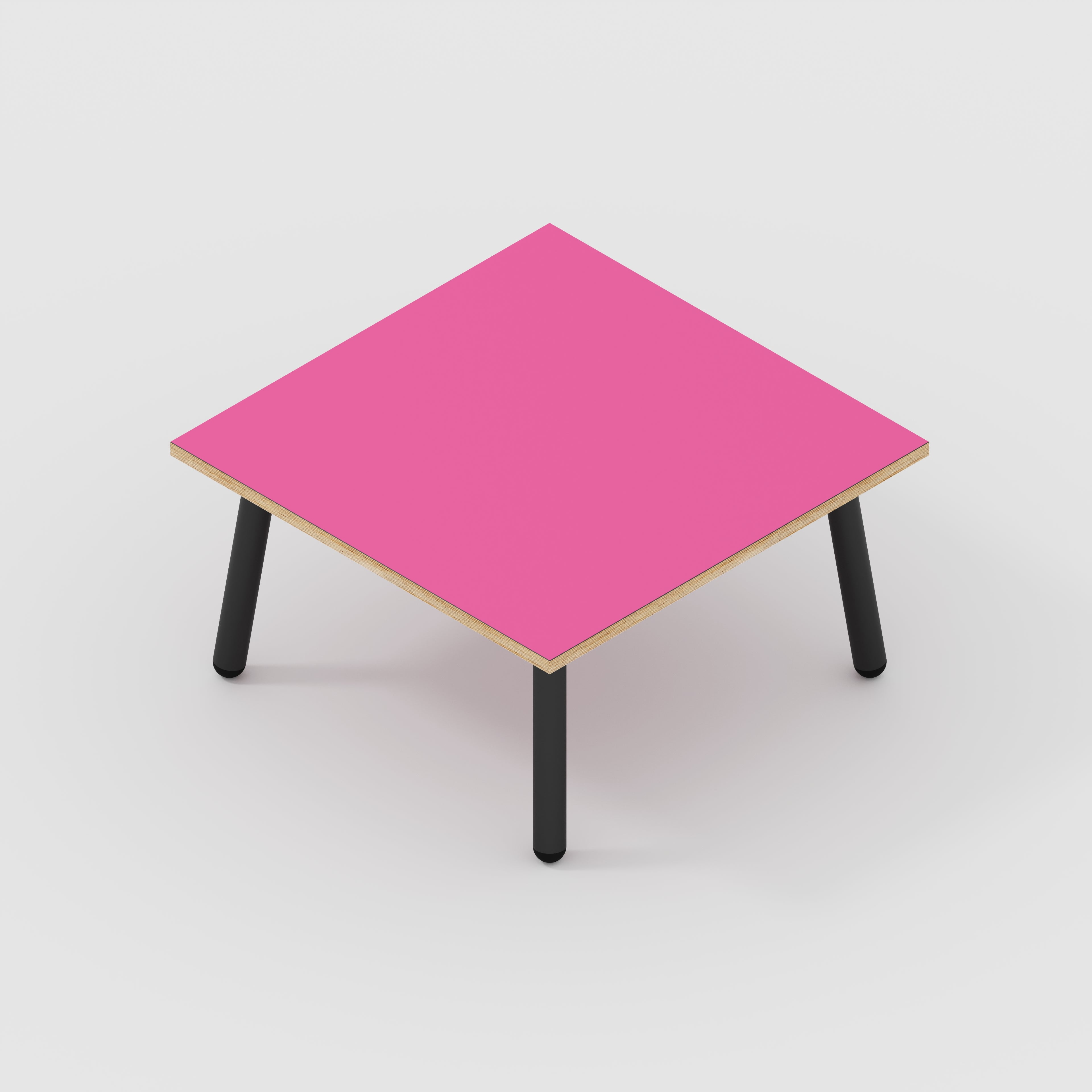 Plywood Coffee Table with Black Round Single Pin Legs - Formica Juicy Pink - 800(w) x 800(d) x 425(h)