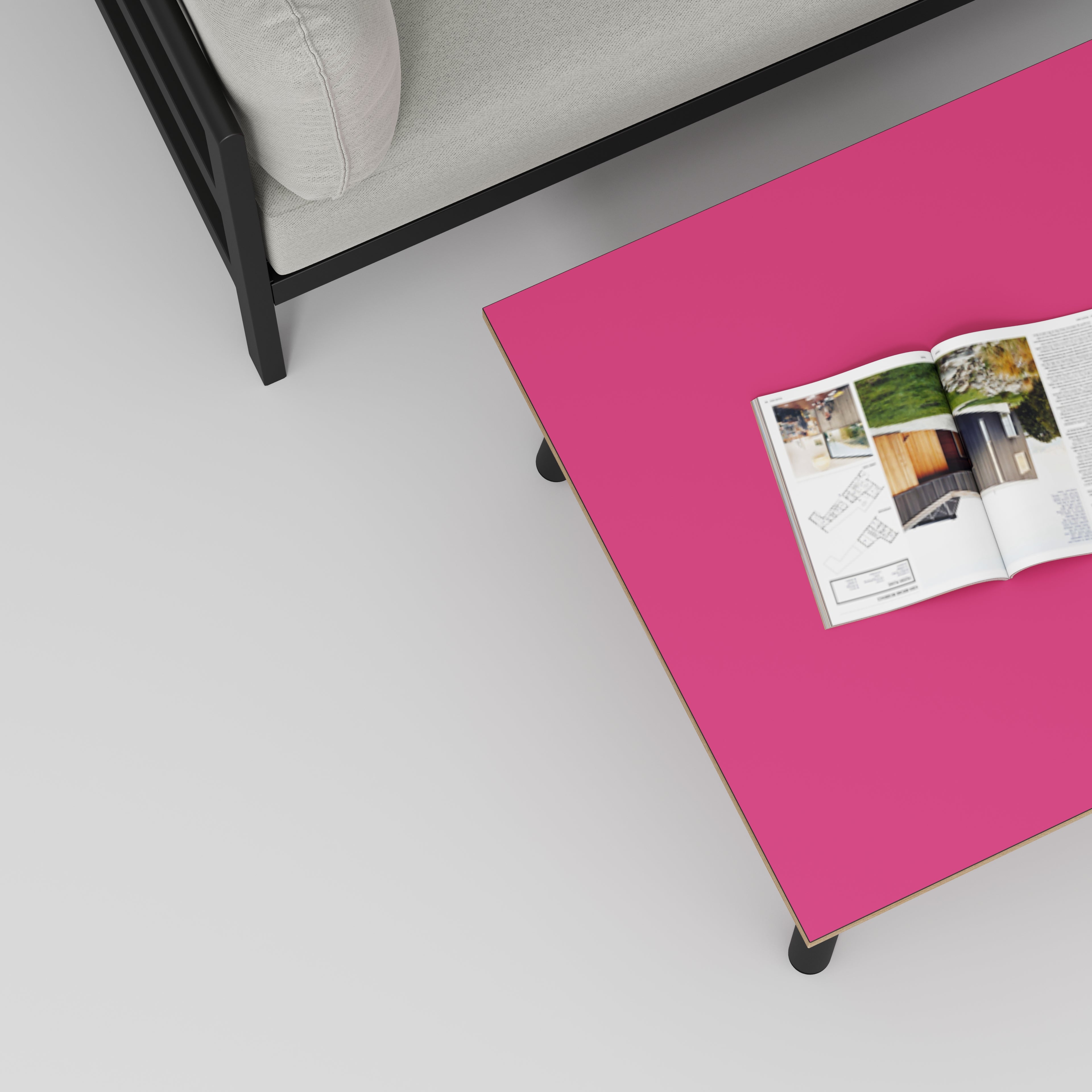 Plywood Coffee Table with Black Round Single Pin Legs - Formica Juicy Pink - 800(w) x 800(d) x 425(h)