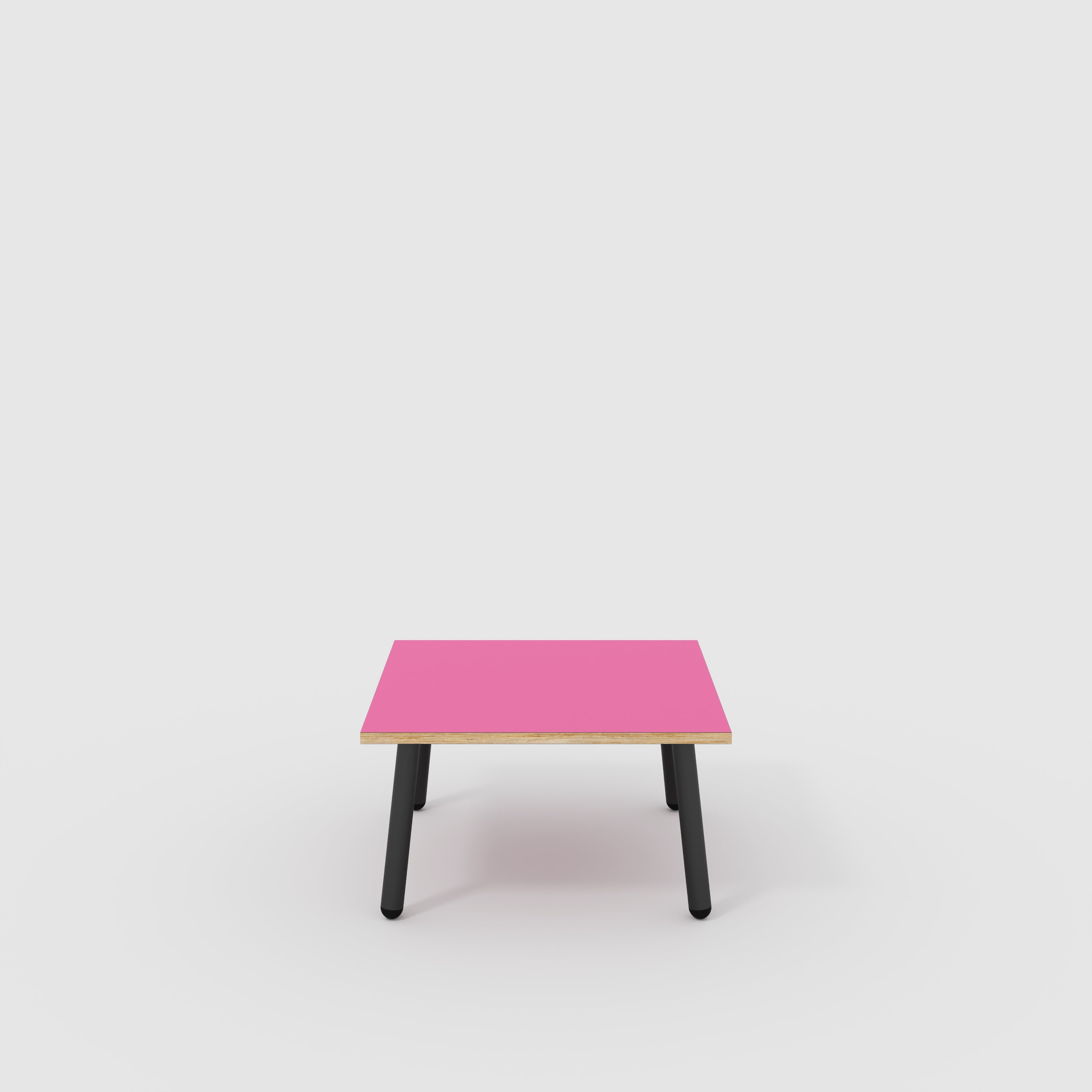 Plywood Coffee Table with Black Round Single Pin Legs - Formica Juicy Pink - 800(w) x 800(d) x 425(h)