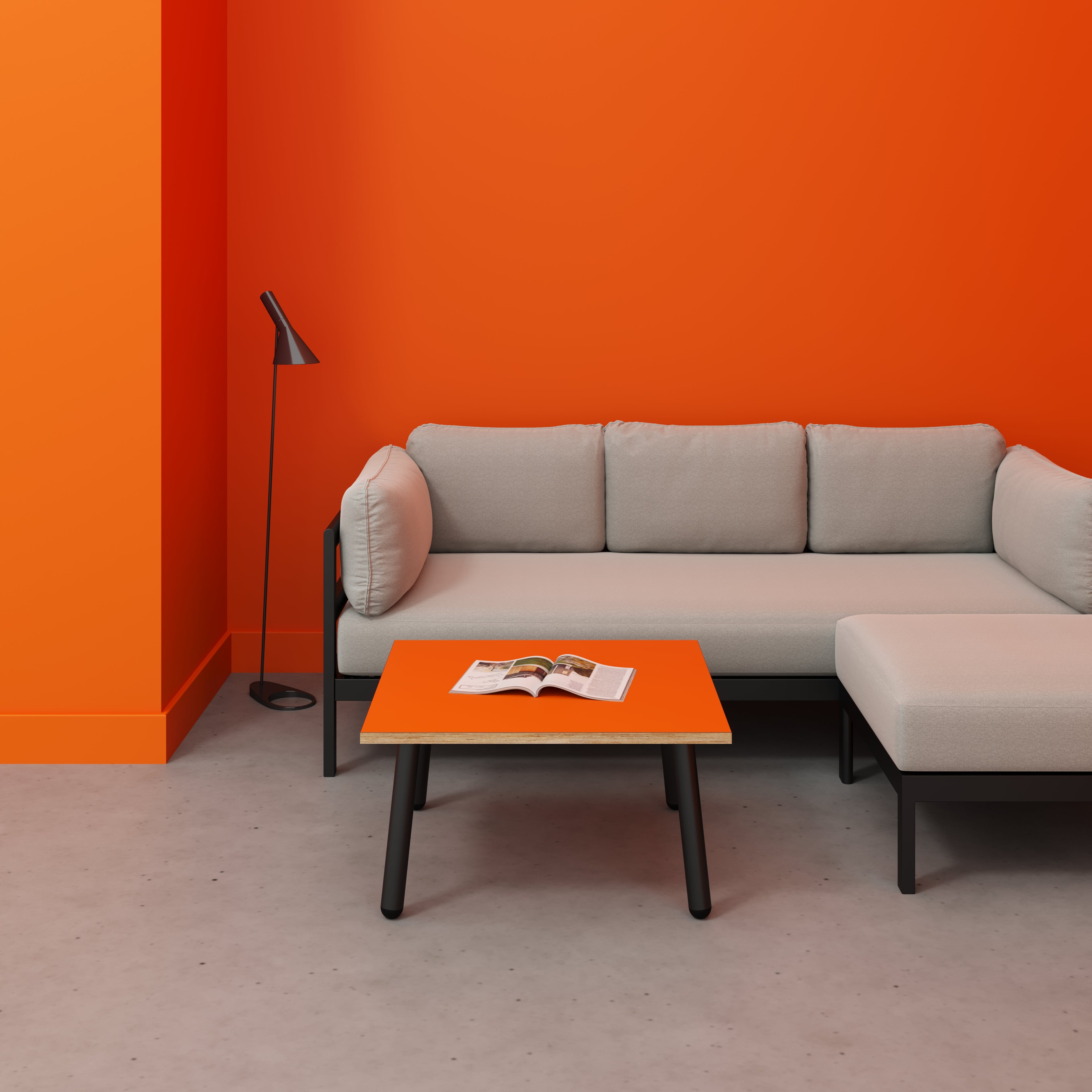 Plywood Coffee Table with Black Round Single Pin Legs - Formica Levante Orange - 800(w) x 800(d) x 425(h)