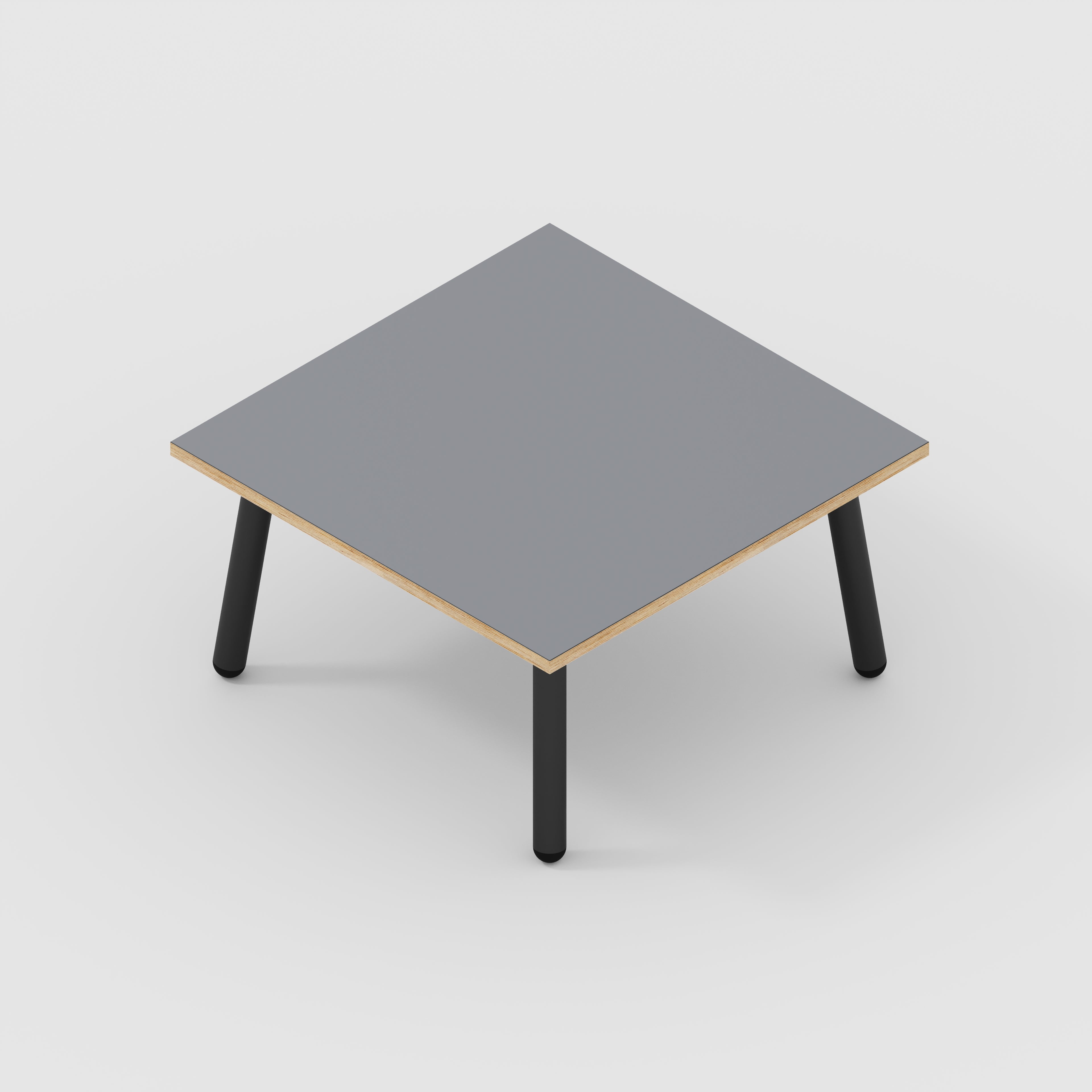 Plywood Coffee Table with Black Round Single Pin Legs - Formica Tornado Grey - 800(w) x 800(d) x 425(h)