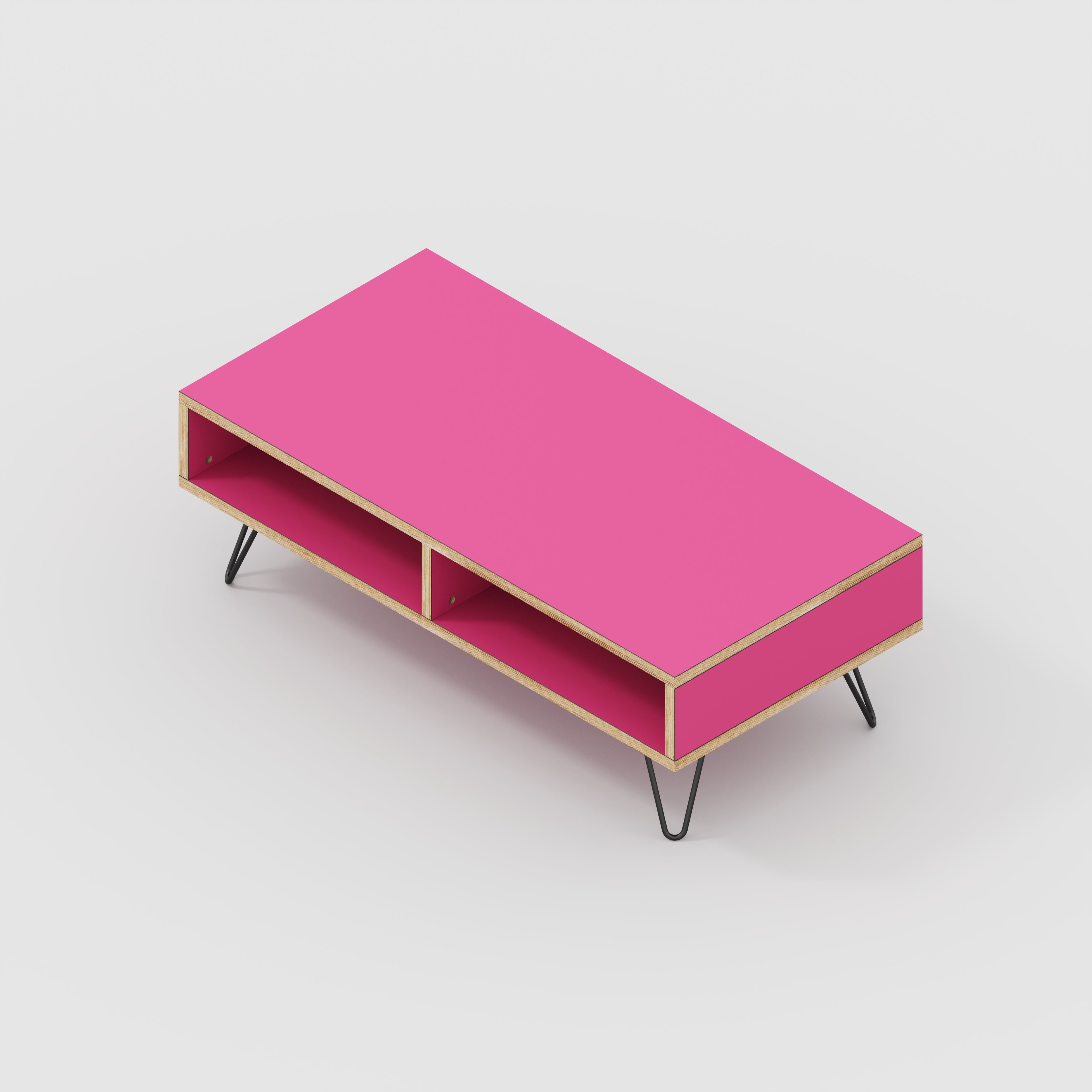 Plywood Coffee Table with Box Storage and Black Hairpin Legs - Formica Juicy Pink - 1200(w) x 600(d) x 400(h)