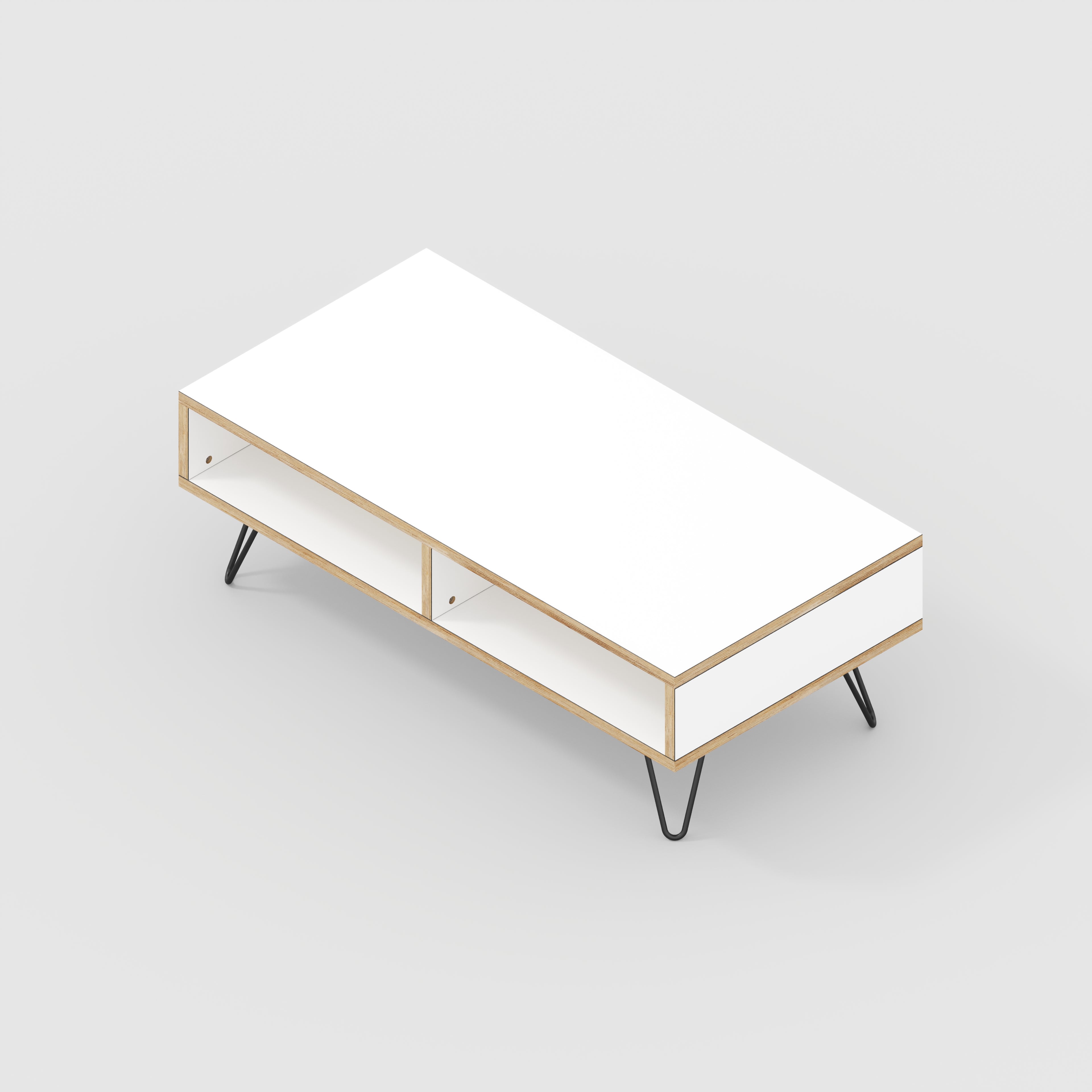 Plywood Coffee Table with Box Storage and Black Hairpin Legs - Formica White - 1200(w) x 600(d) x 400(h)