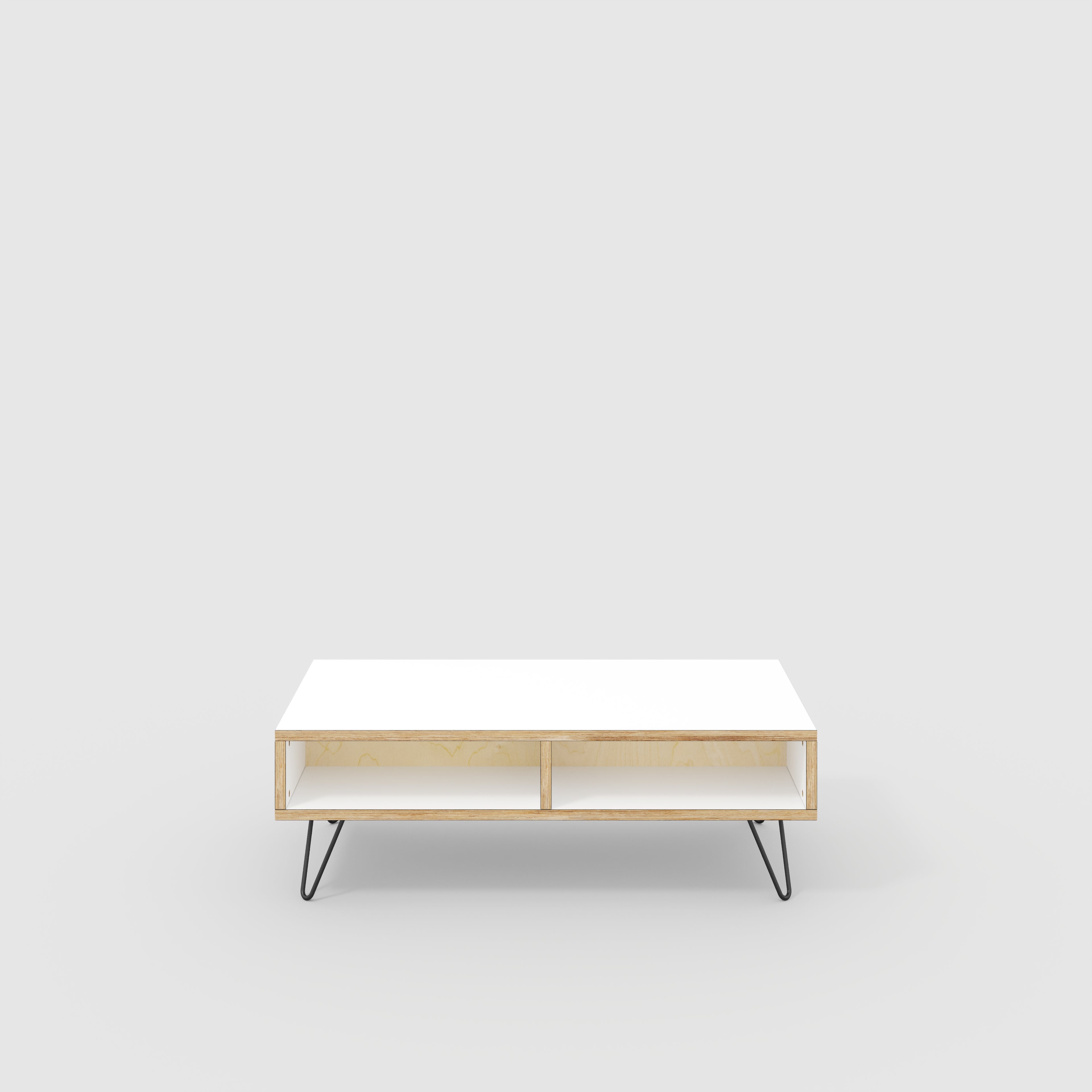 Plywood Coffee Table with Box Storage and Black Hairpin Legs - Formica White - 1200(w) x 600(d) x 400(h)