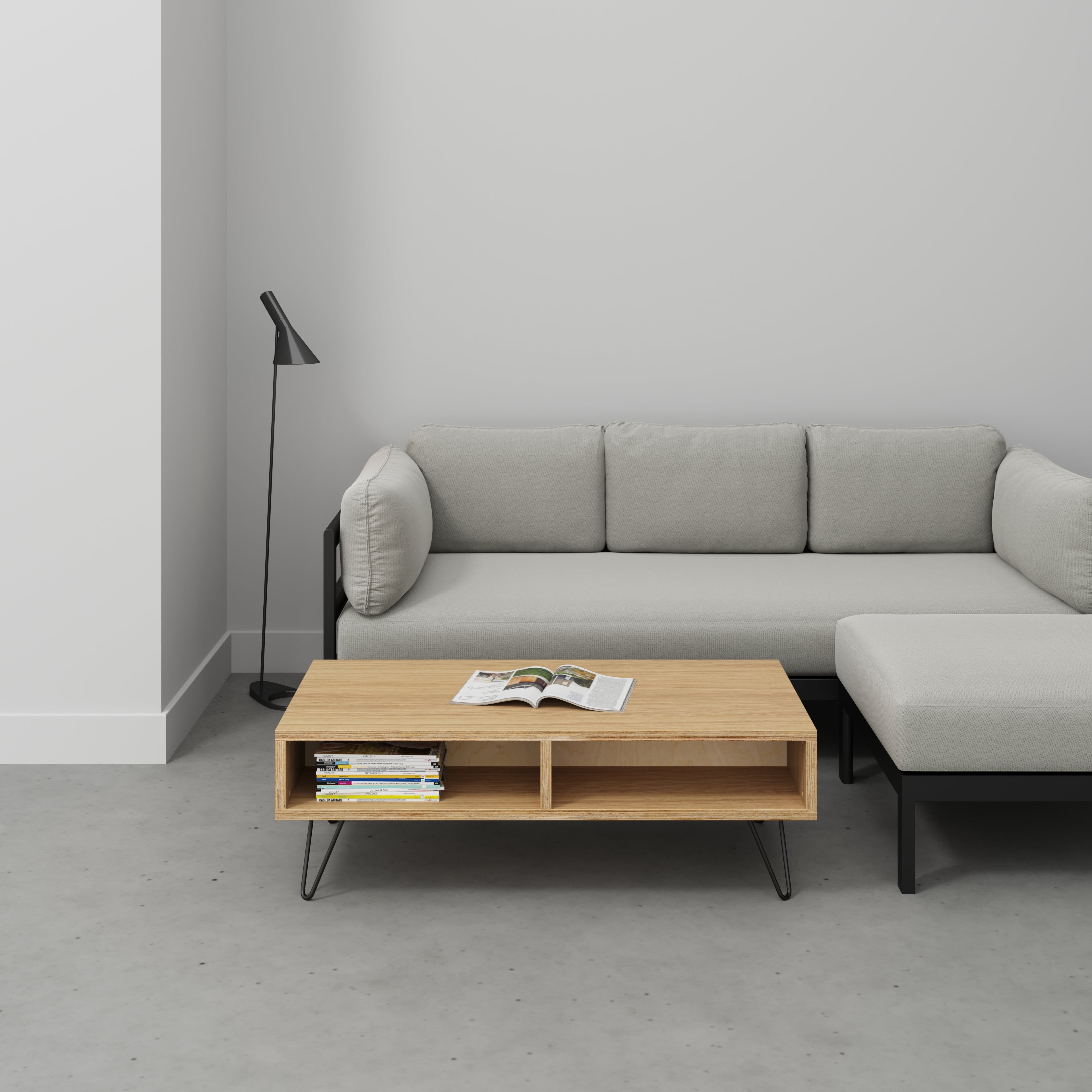 Plywood Coffee Table with Box Storage and Black Hairpin Legs - Plywood Oak - 1200(w) x 600(d) x 400(h)
