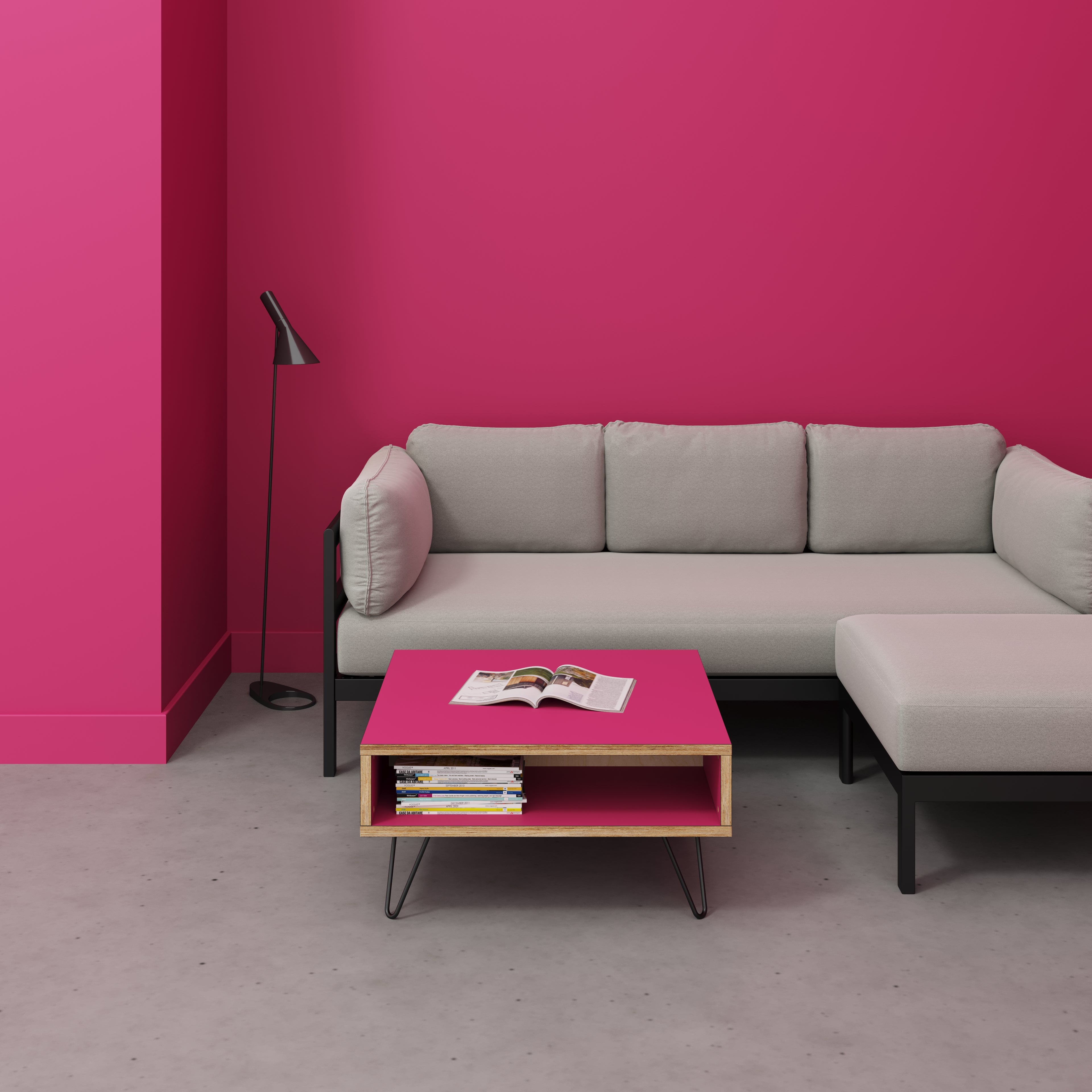 Plywood Coffee Table with Box Storage and Black Hairpin Legs - Formica Juicy Pink - 800(w) x 800(d) x 400(h)