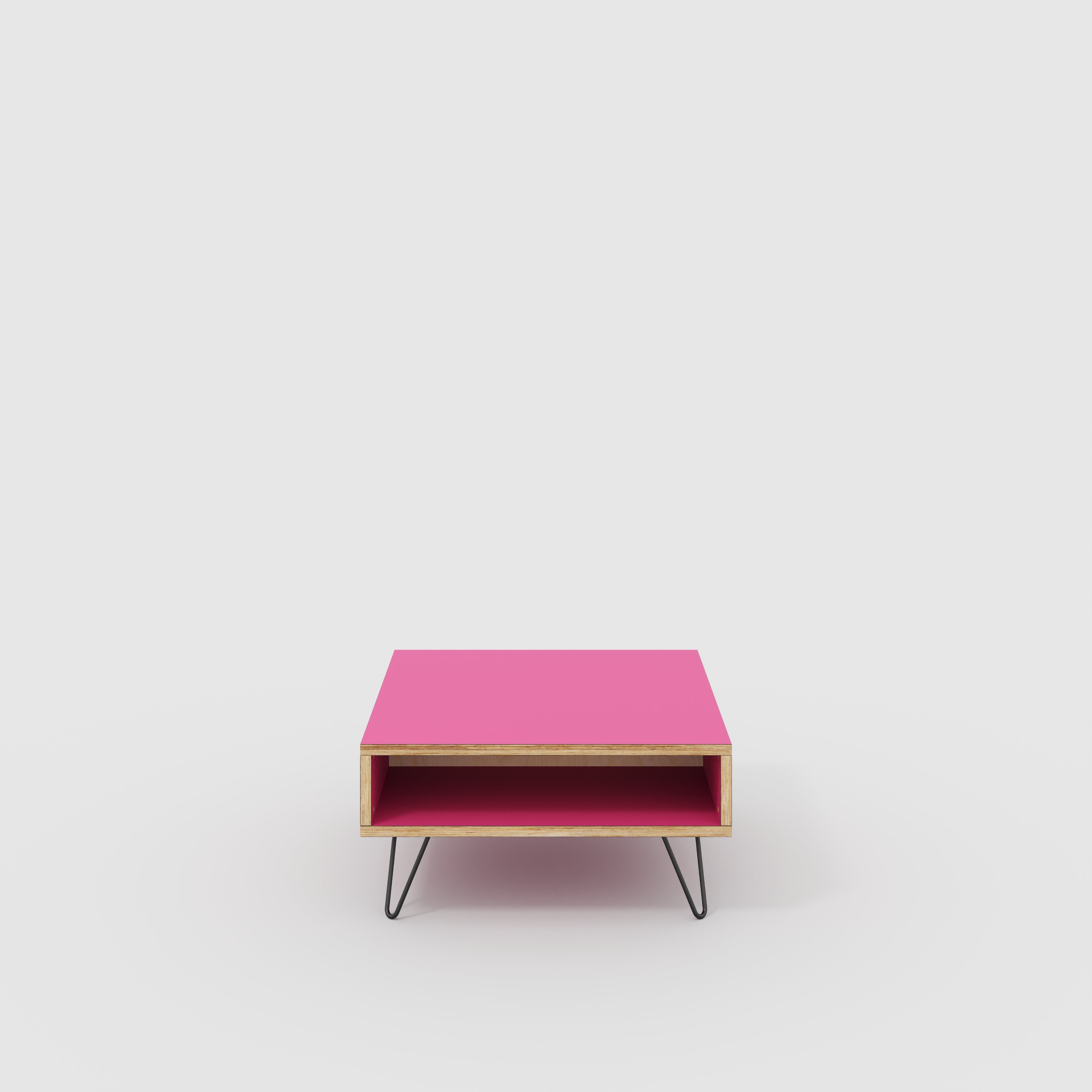 Plywood Coffee Table with Box Storage and Black Hairpin Legs - Formica Juicy Pink - 800(w) x 800(d) x 400(h)