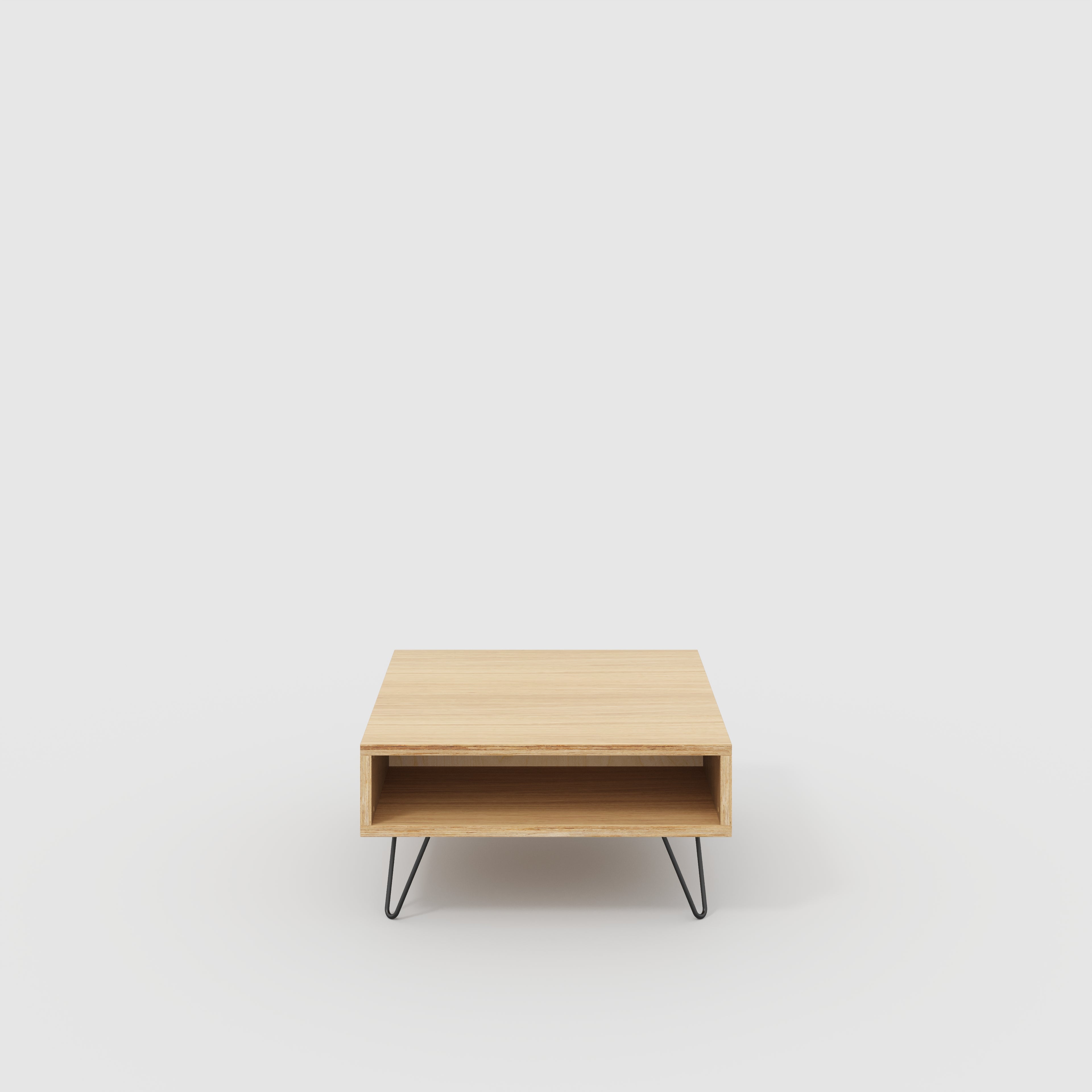 Plywood Coffee Table with Box Storage and Black Hairpin Legs - Plywood Oak - 800(w) x 800(d) x 400(h)