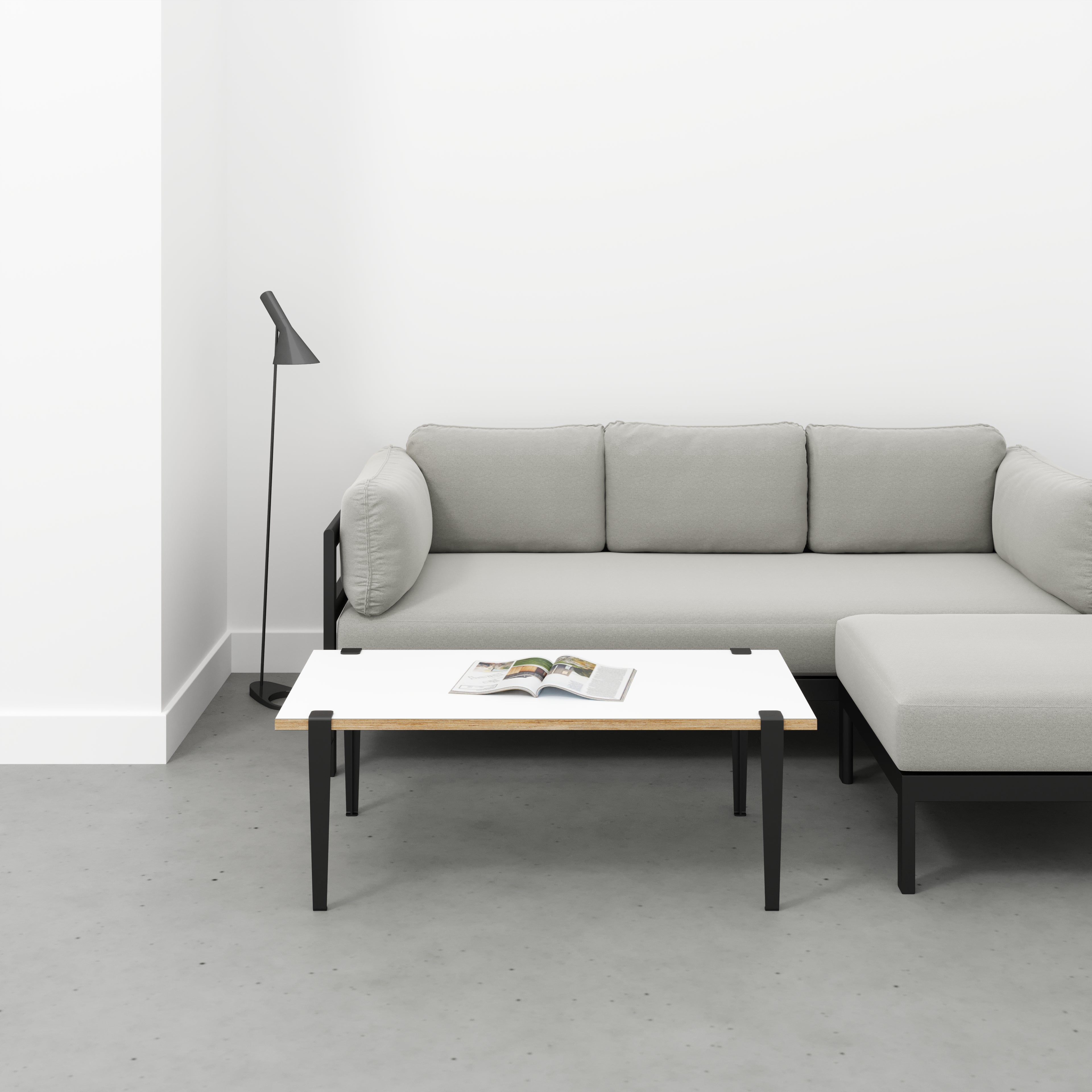 Plywood Coffee Table with Black Tiptoe Legs - Formica White - 1200(w) x 600(d) x 430(h)